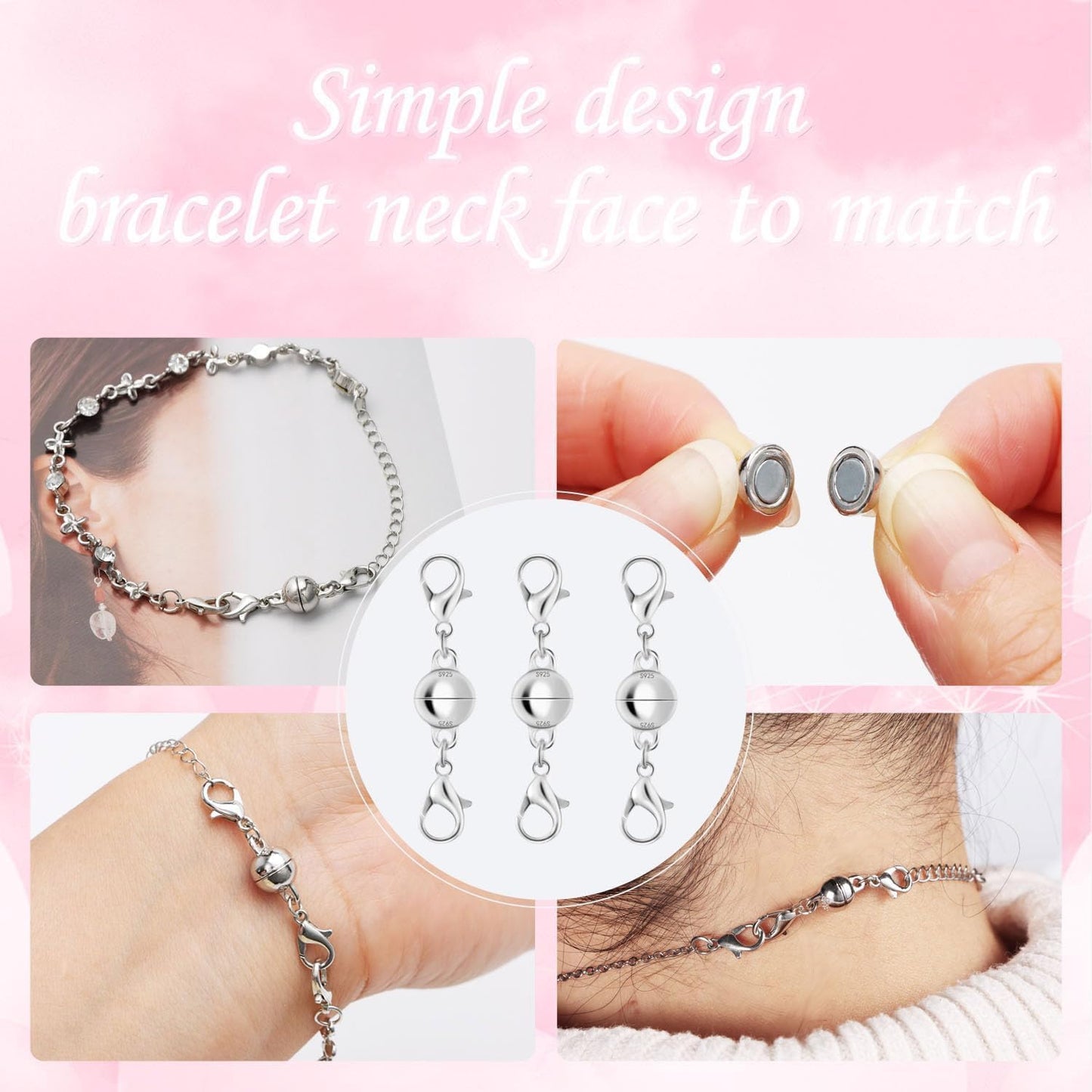 Magnetic Necklace Clasps, 18K Gold and Silver, Crystal Rhinestone Ball Connector with Lobster Clasp, Jewelry Extender for Necklaces, Bracelets (12pcs Golden Silvery)