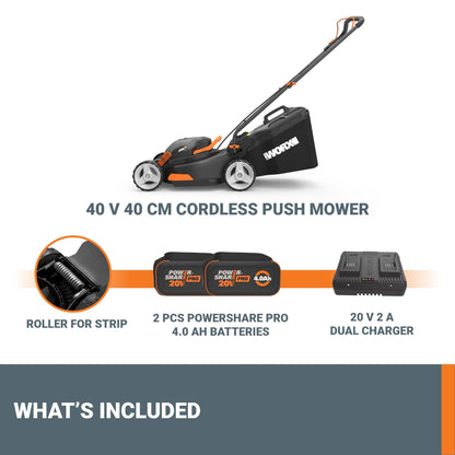 Worx WG743E.1 40V 40cm Cordless Lawnmower – Ideal for Medium to Large Gardens (Up to 500㎡) – Includes 2x 4.0Ah Batteries & Charger – IntelliCut™, Cut-to-Edge, 7 Height Positions, PowerShare