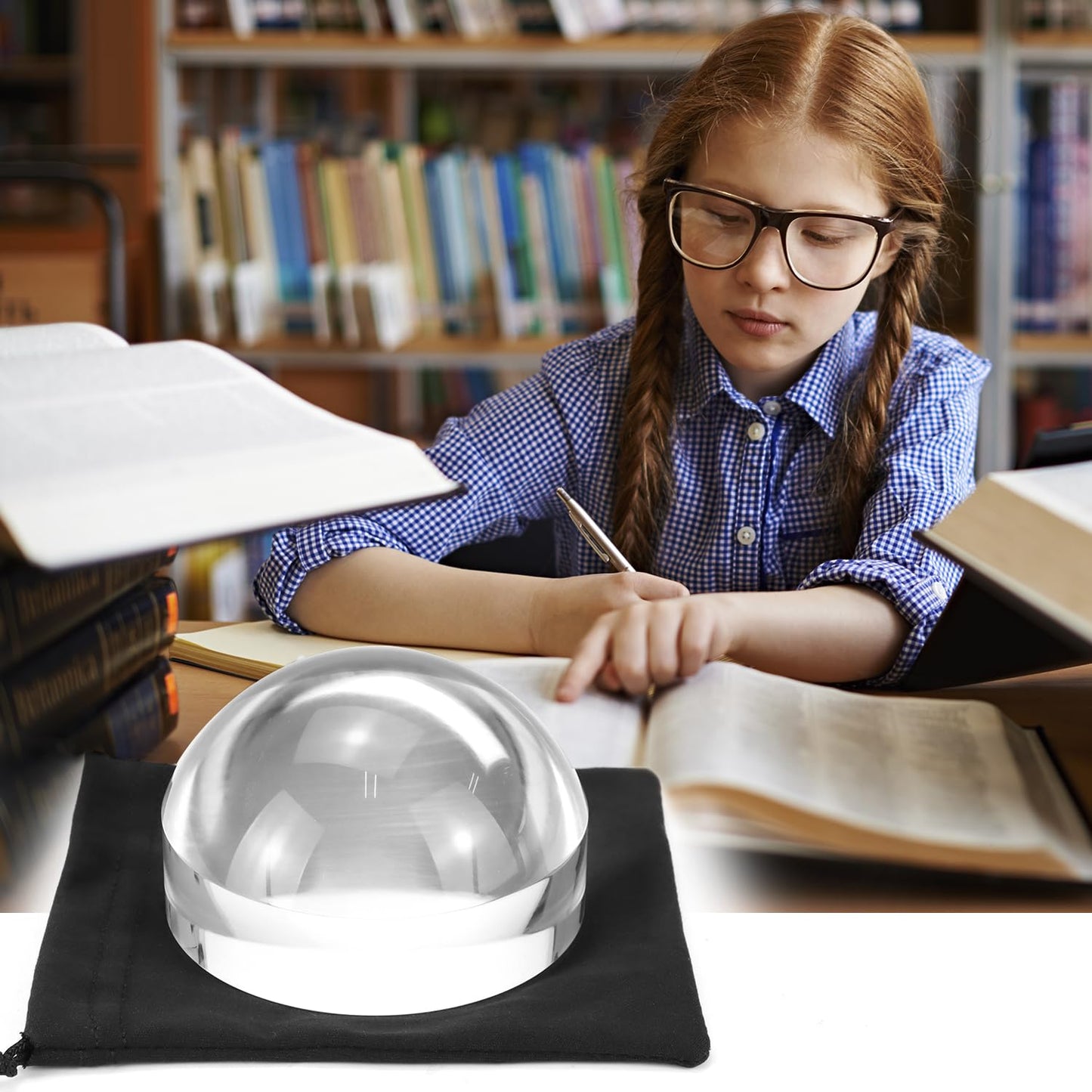 QWORK Acrylic Paperweight Magnifier 4X- Domed Reading Magnifying Glass (4-Inch) for Reading, Inspection, Books, Newspapers, Maps
