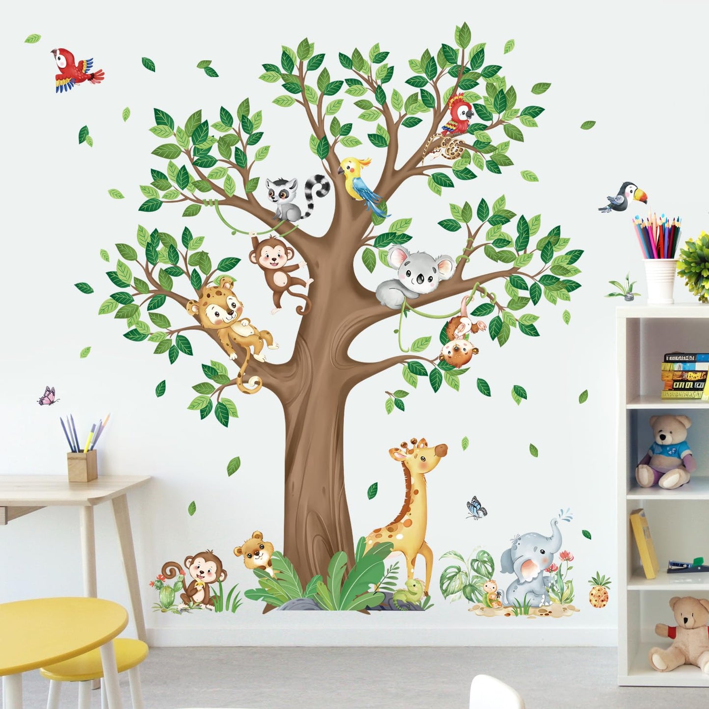 decalmile Large Jungle Animal Tree Wall Decals Giraffe Koala Leopard Safari Wall Stickers Baby Nursery Kids Bedroom Toddler Room Wall Decor