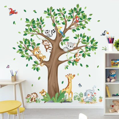 decalmile Large Jungle Animal Tree Wall Decals Giraffe Koala Leopard Safari Wall Stickers Baby Nursery Kids Bedroom Toddler Room Wall Decor