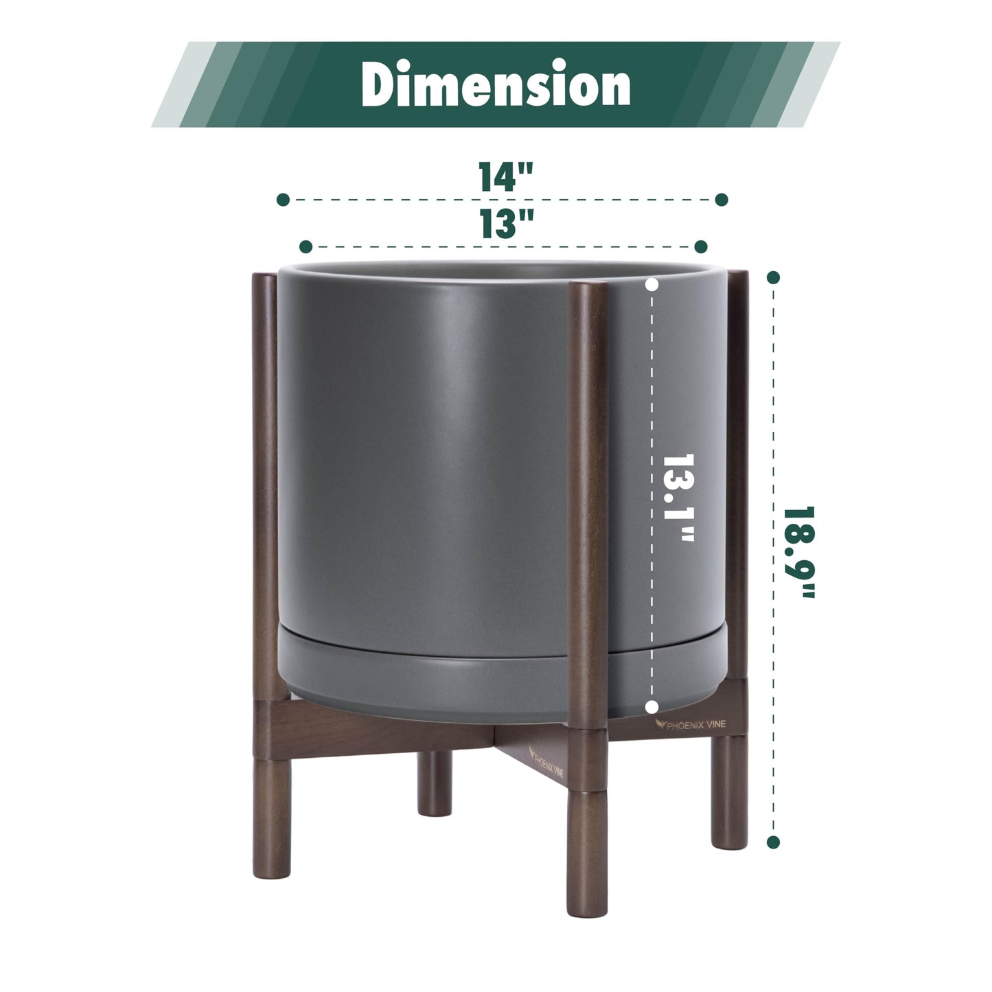 D'vine Dev Ceramic Planter with Walnut Color Stand - 14 Inch Modern Round Flower Pot with Wood Planter Holder, Grey, 55-B-T-3