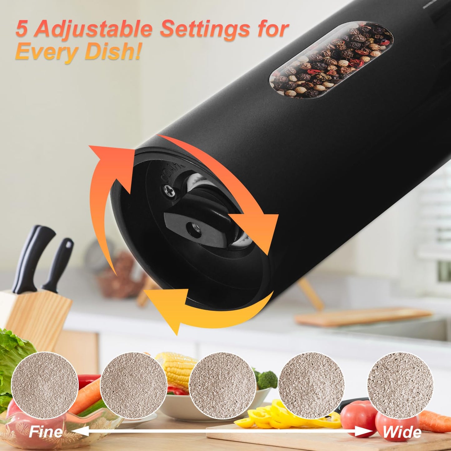 JIDSPWLS Electric Pepper or Salt Grinder Mill,Automatic Pepper Mill with LED Light,Battery Powered Automatic Pepper Grinder,Refillable and djustable CoarsAeness Pepper Grinder(1 pack Black)