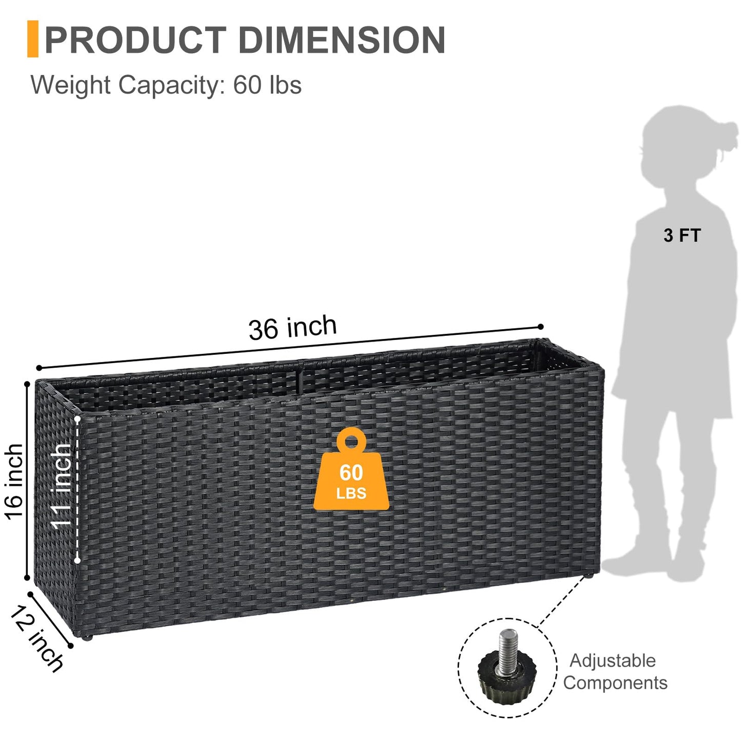 SUNNYPARK Black Rectangular Planter Box All-Weather PE Rattan Large Modern Planters with Removable Liner Indoor Outdoor Decorative Flower Pot for Patio, Balcony, Garden