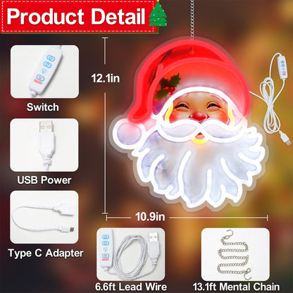 Christmas Window Decorations Lights, LED Santa Claus Acrylic Neon Signs, Cute Room Decor Powered 5V Art Decorative Night Lights Indoor for Christmas Tree, Home, Bedroom, Office,Dorm,Party