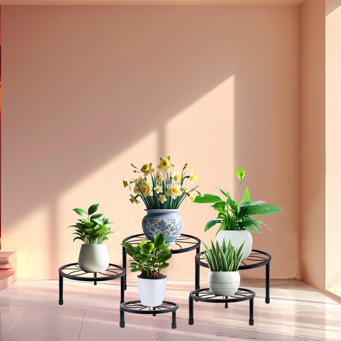 HENABLE 5 Packs Metal Plant Stand Indoor, Outdoor Black Plant Stand for Multiple Plant, Rustproof Iron Round Heavy Duty Flower Pot Stand, Plant Shelf for Planter Garden Home
