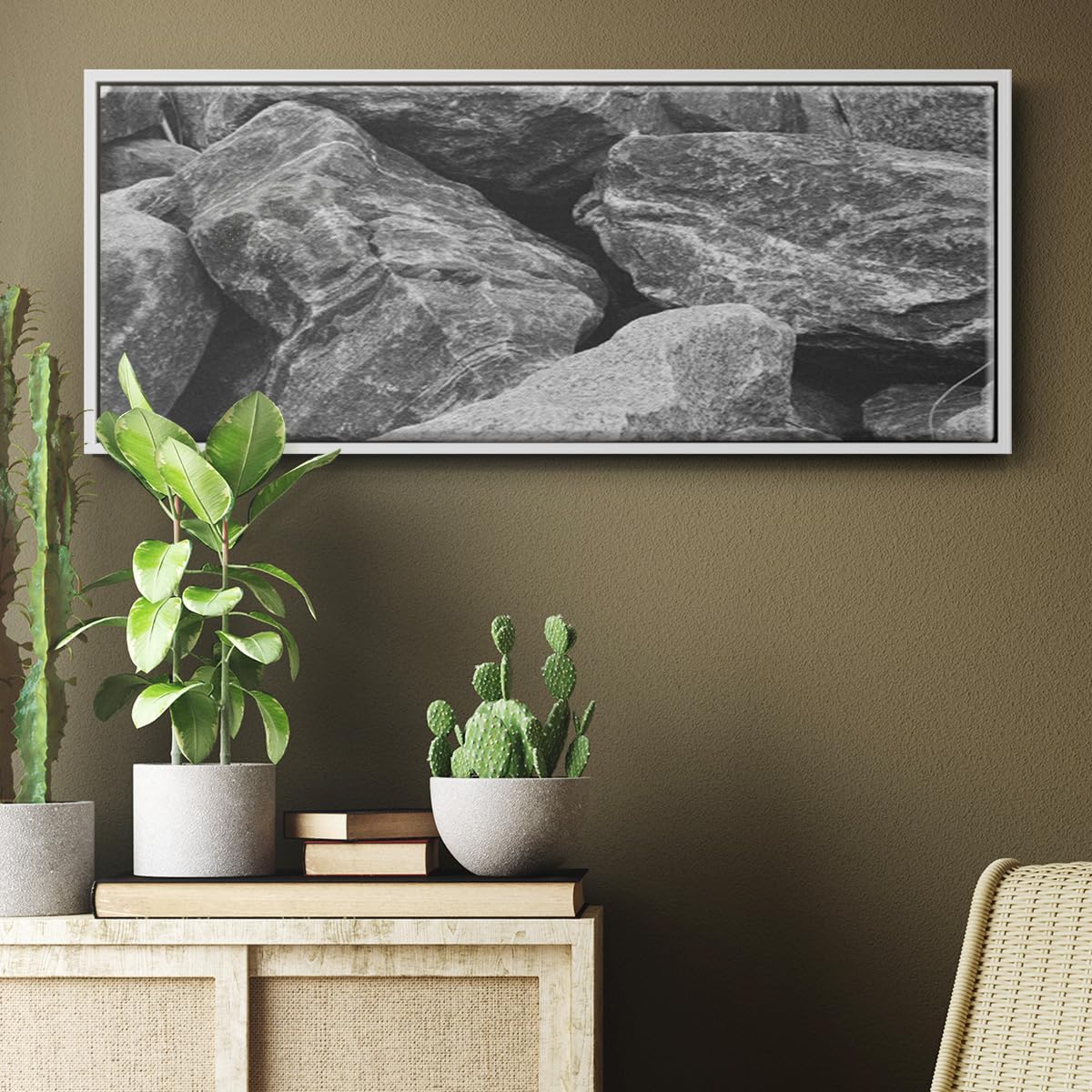 Renditions Gallery Floater Framed Home Décor Black Textured Rock Painting Canvas Hanging Decoration for Lounge Kitchen Bedroom - 20"x50" White Frame LT621