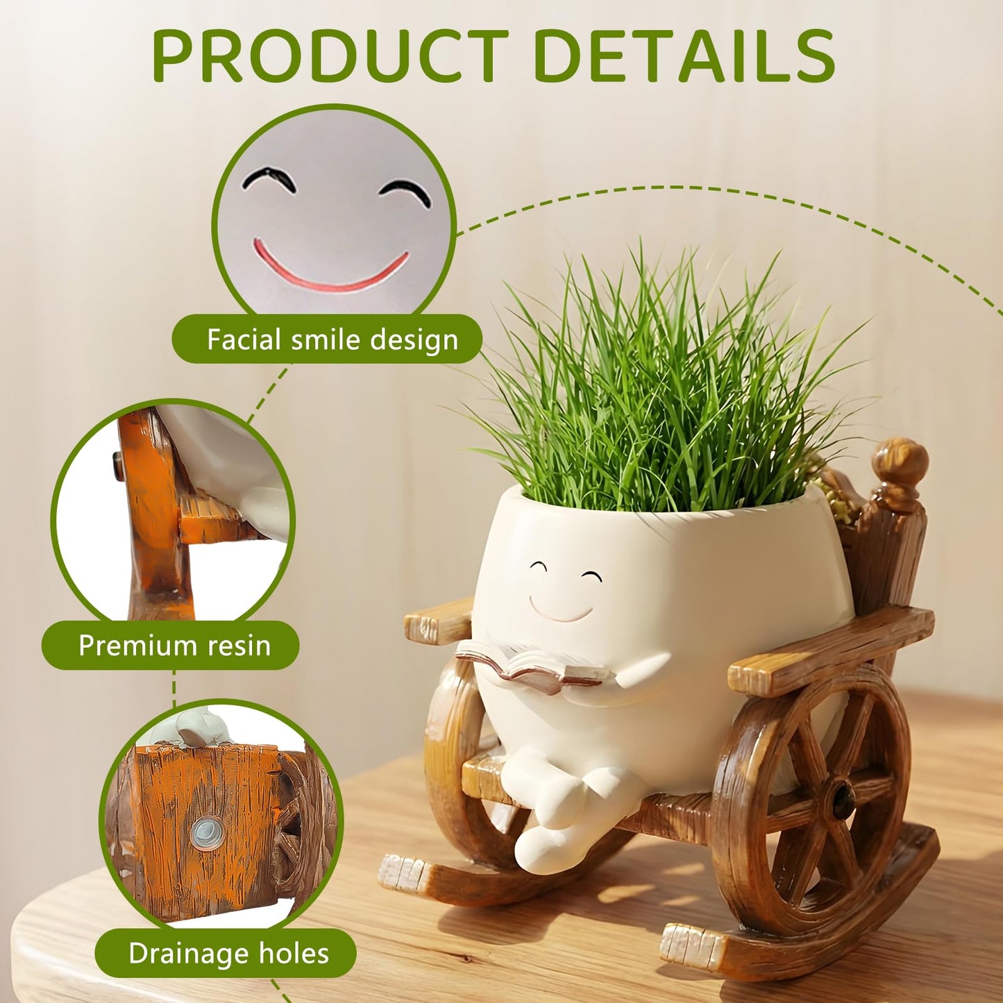 Vorruil 2 PCS Rocking Smily Face Planter Pot, Cute Plant Pots for Indoor Outdoor Plants with Drainage Hole, Unique Flower Succulent Pots Gifts for Father Mother Birthday