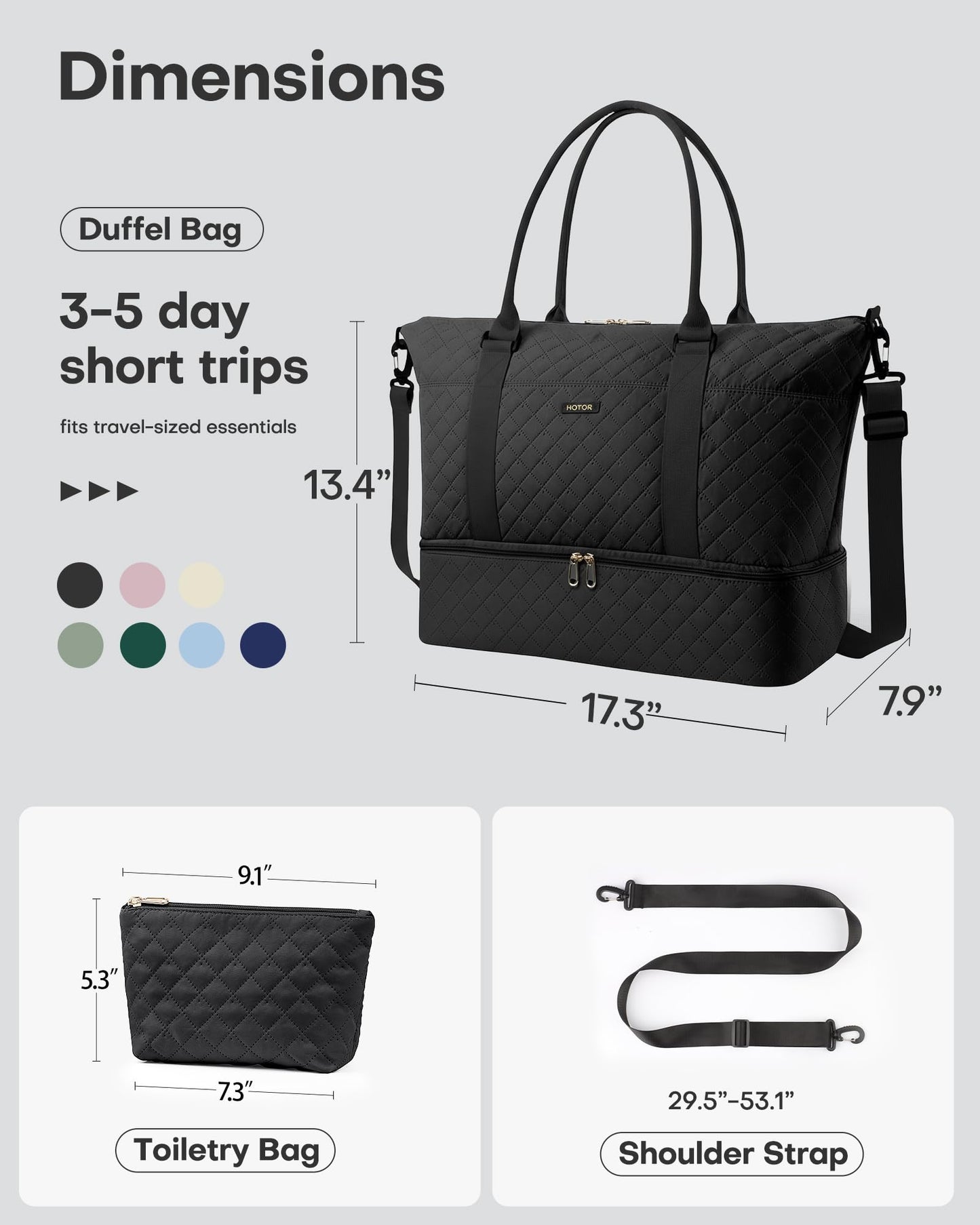 HOTOR Travel Duffel Bag - Weekender Bags for Women, Gym Tote Bags with Shoe Compartment, Carry On Overnight Bag with Toiletry Bag for Travel Essentials and Travel Accessories, Black, 13.4"×17.3"×7.9"