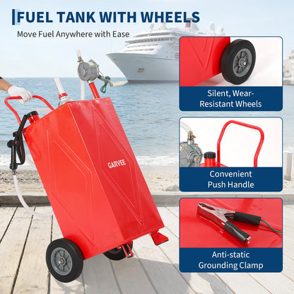 35 Gallon Fuel Gas Caddy Storage Tank, Portable Gas Caddy w/ Wheels, Reversible Manual Hand Pump & Fuel Hose, Anti-Static Grounding Clamp, Vent/Level Gauge, Wide Fill Neck, Gasoline/Diesel Transfer for ATV, Car, Mower, Tractor, Boat