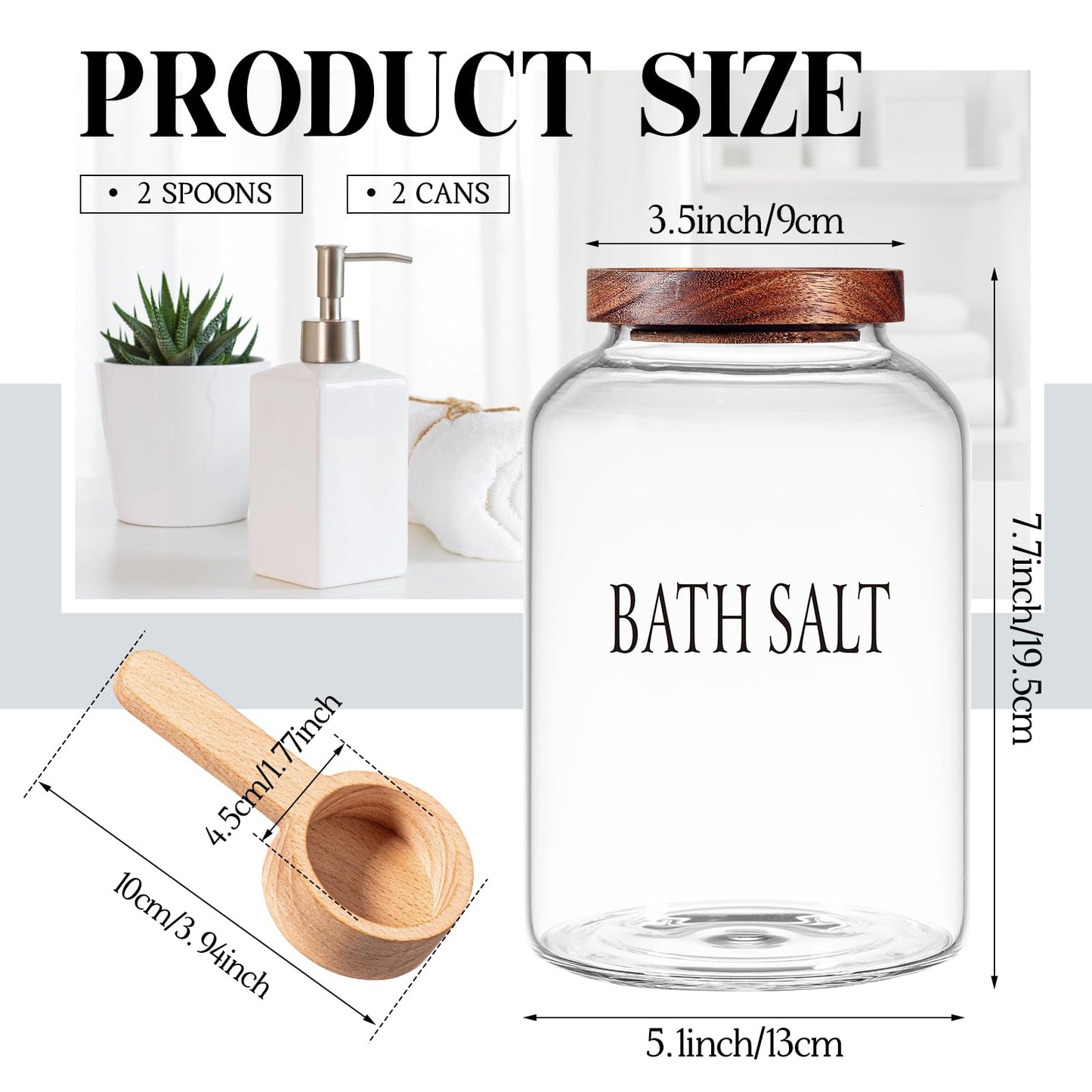 SiliFine 2 Sets 74 oz Glass Bath Salts Jar with Wooden Scoop and Lid, Bath Salt Container for Bathroom Organizers and Storage, Bathtub Accessories for Women Bathroom, Home Decor