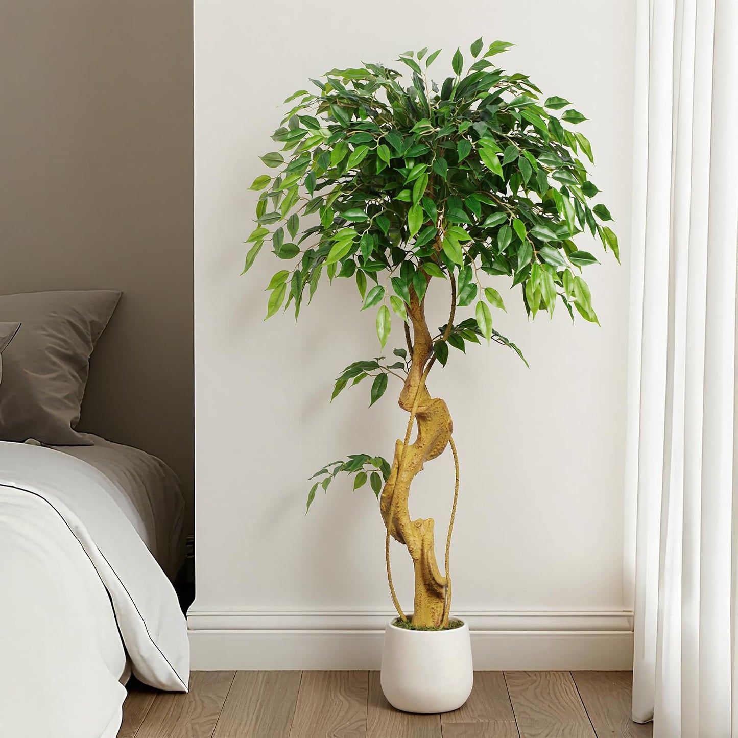 Keeplush 4ft Large Ficus Artificial Trees in White Pot, 48" Tall Fake Silk Tree with Natural Curved Trunk, Lush Faux Ficus Tree for Indoor Home Decor, Living Room, Office & Patio