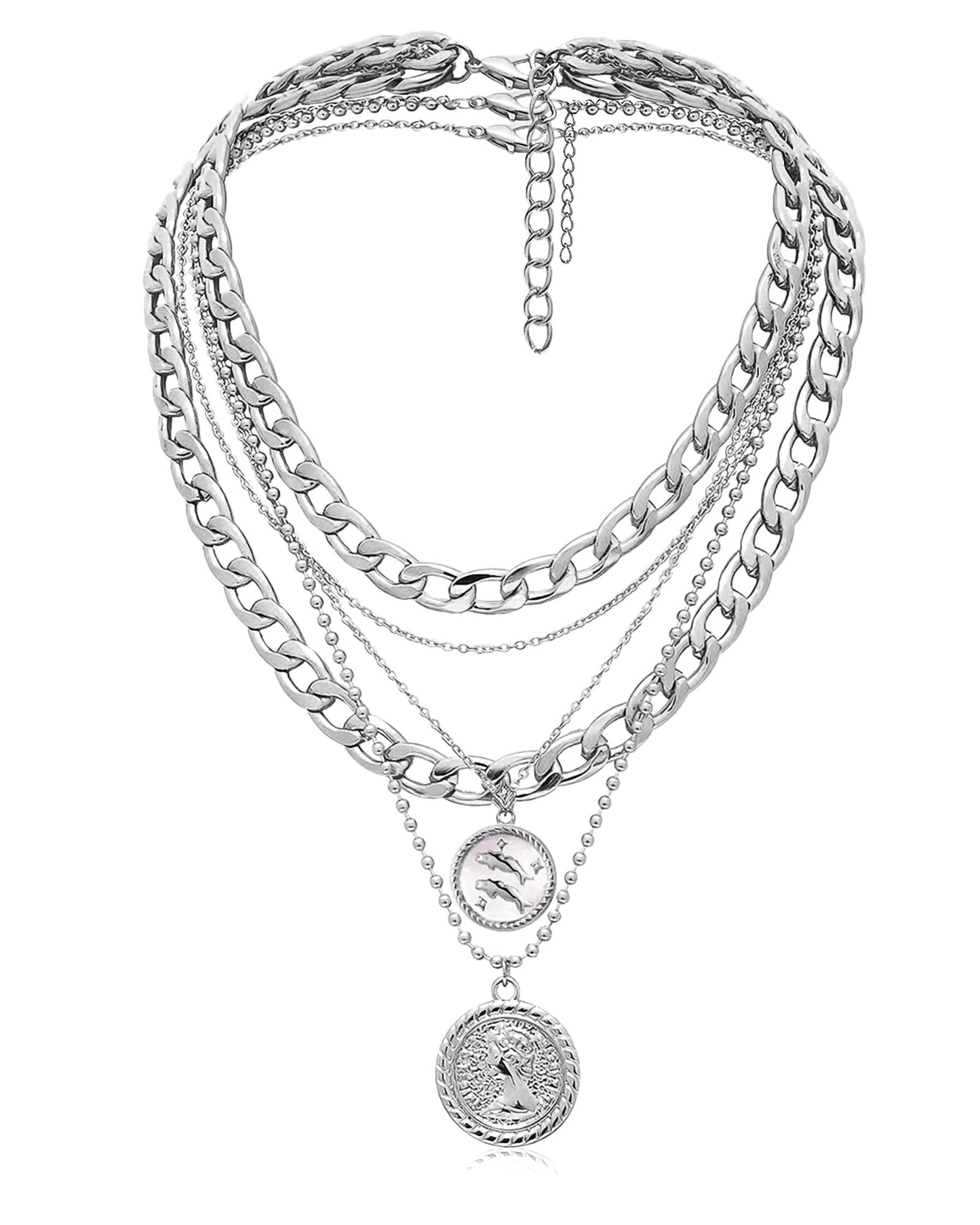 MJartoria Gold Layered Necklaces for Women Trendy Retro Coin Pendant Necklace Dainty Chunky Chain Choker Necklaces for Jewelry Birthday Gifts (Silver, Zodiac-Pisces-3PCS Layered)
