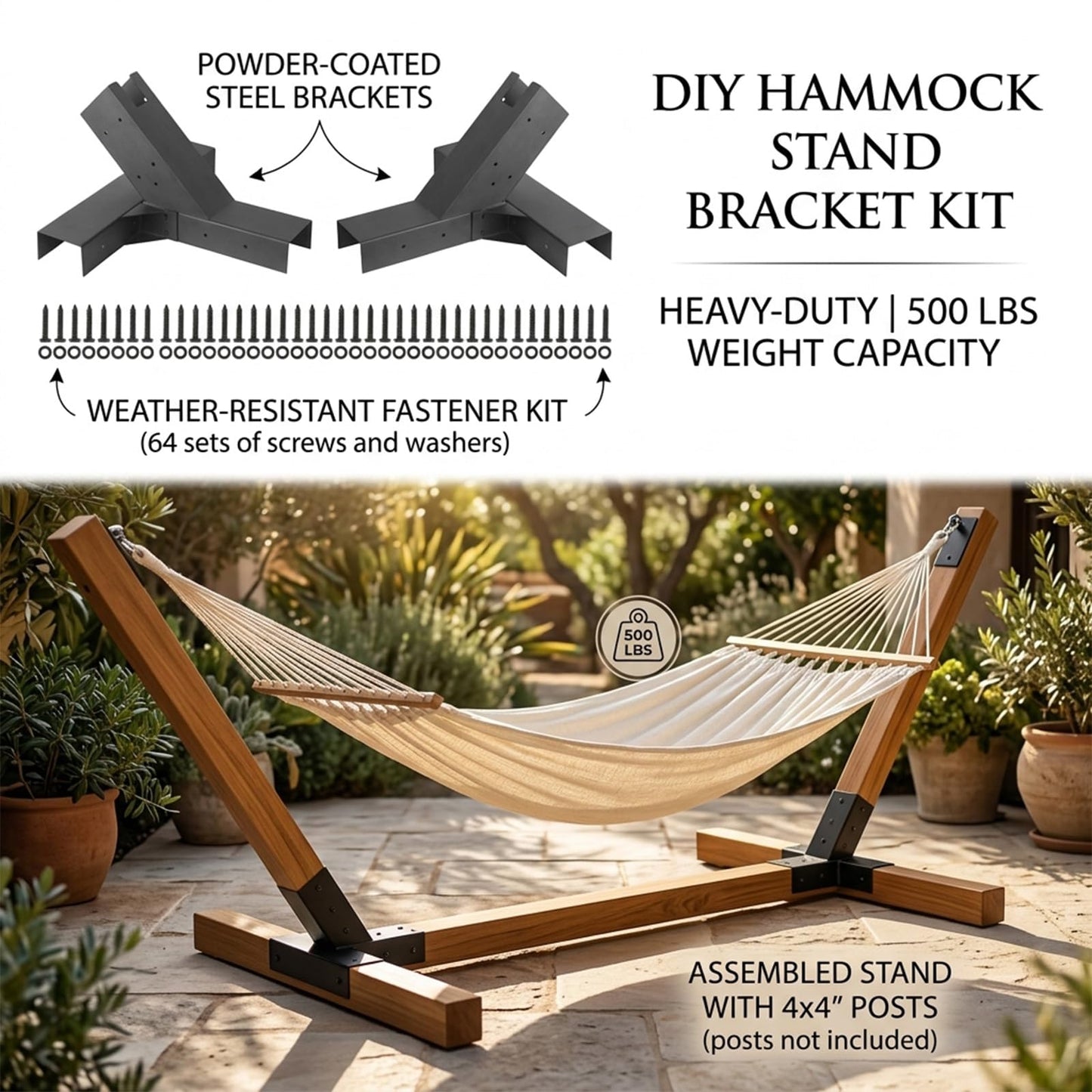 Heavy Duty Hammock Stand Bracket Kit - 500 lbs Capacity, Powder Coated Steel, Fits 4"x4" Posts, Easy DIY Installation
