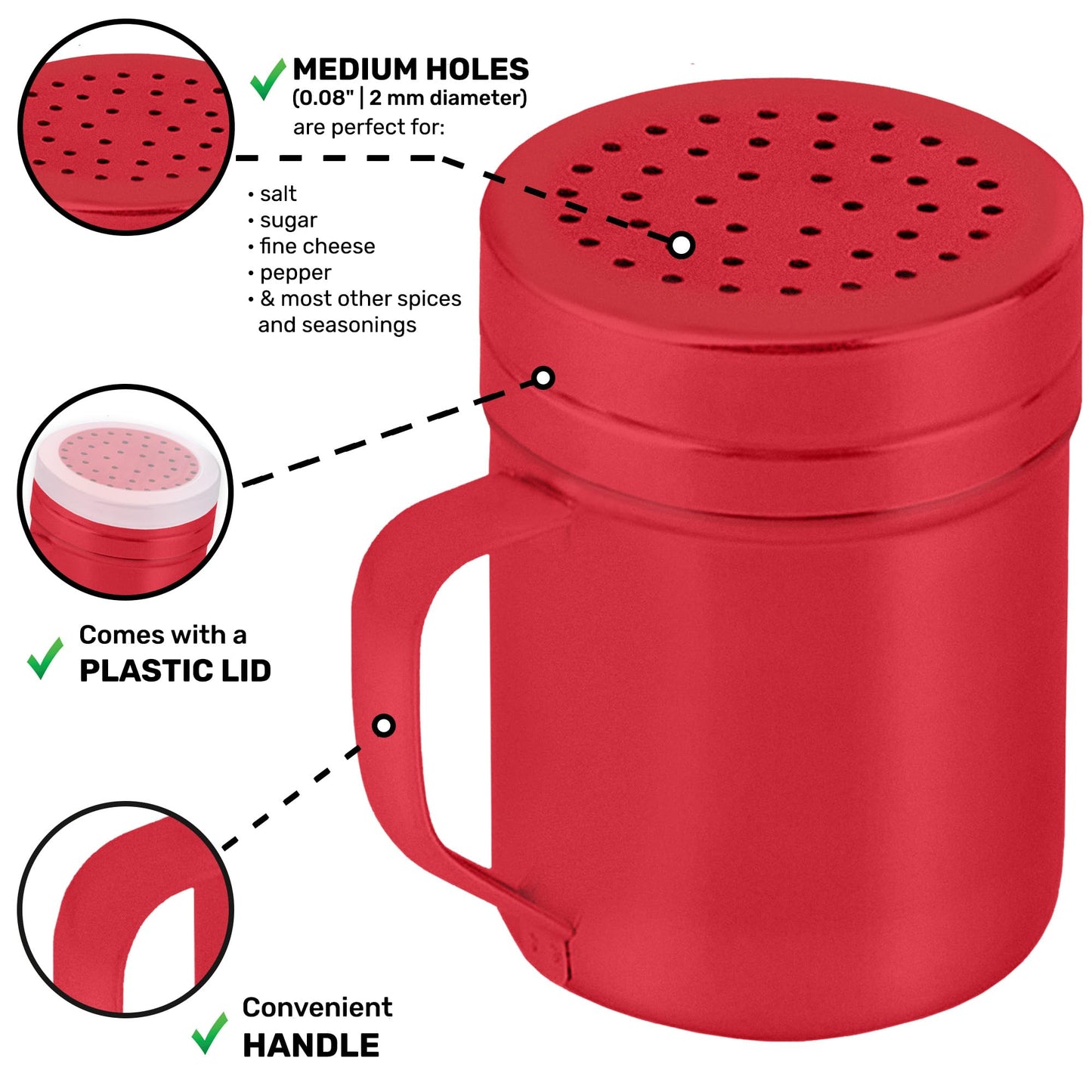 CUSINIUM 10oz Red Stainless Steel Salt Pepper Dredge Shakers - With Plastic Cap - With Handle - Pack of 2