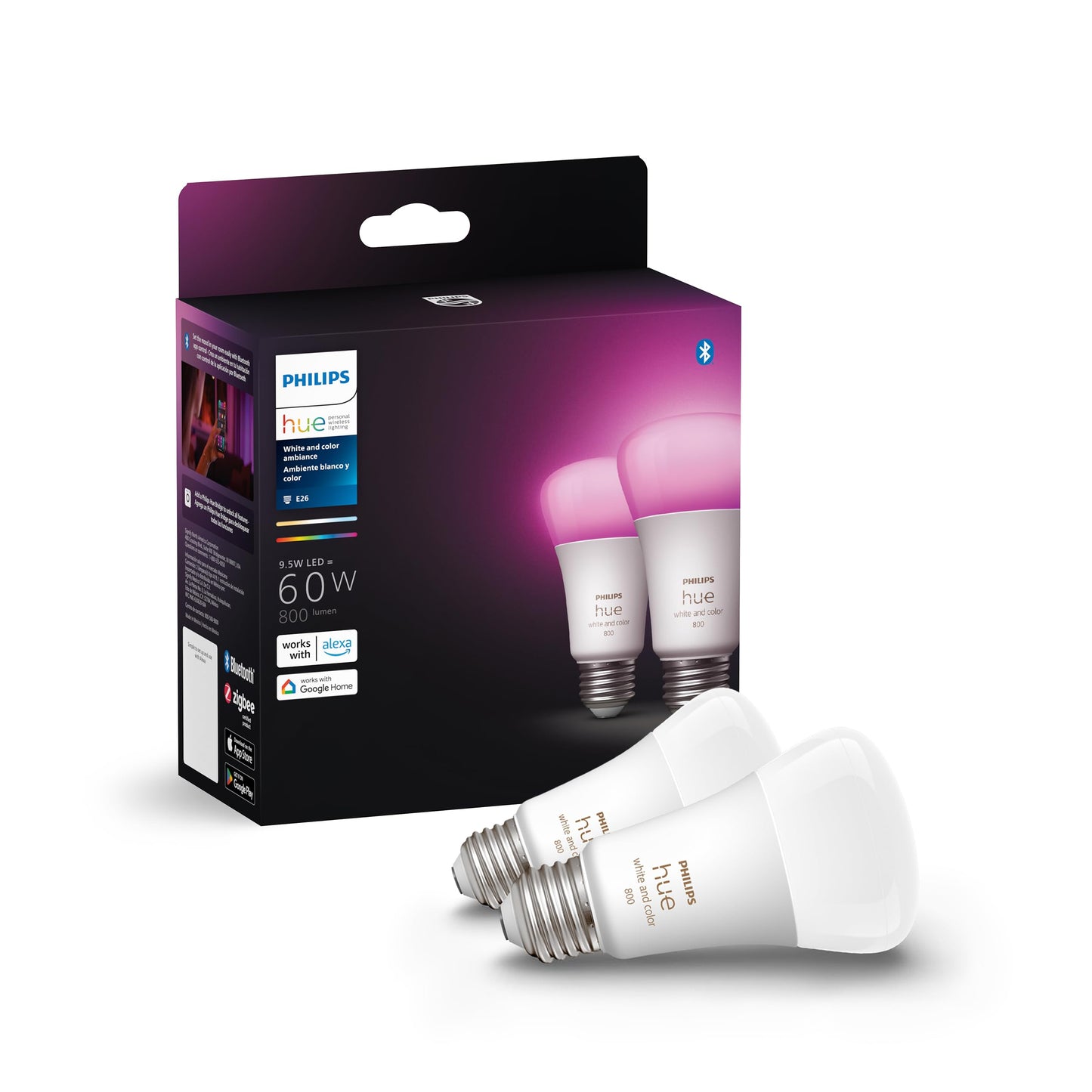 Philips Hue A19 LED Smart Light Bulb - White and Color Ambiance - 60W Indoor Light Bulb - Control with Hue App - Works with Alexa, Google Assistant and Apple Homekit - 3 Pack