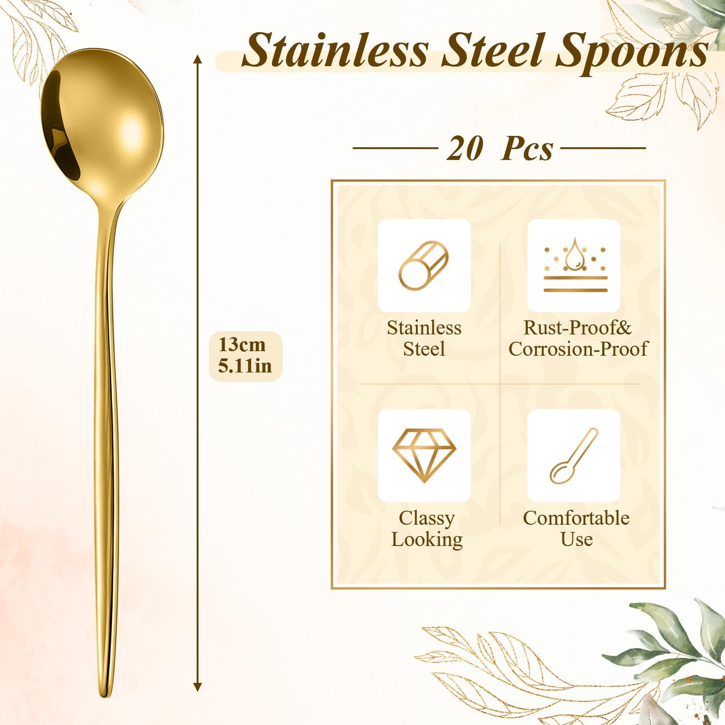 Dandat 20 Pcs 5.1 Inch Coffee Spoons, Gold Stainless Steel Teaspoons, Mini Dessert Spoons for Stirring Coffee Sugar Drink Kitchen Cafe Bar Wedding Tableware