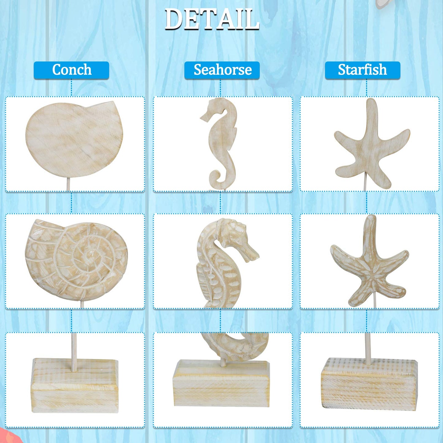 Exttlliy 3pcs Wood Handmade Beach Nautical Style Figurines Starfish/Conch/Seahorse Statue Home Decor Beach Decor Coastal Decor
