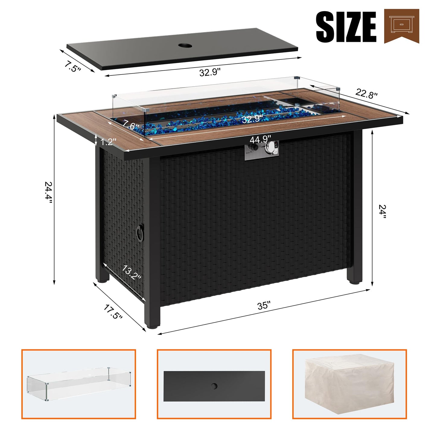 45 inch Propane Fire Pit Table, 50,000 BTU Outdoor Gas Fire Pit Table with Lid, Glass Wind Guard, Waterproof Cover, Rectangle Gas Firepit Table for Garden/Patio(Walunt)