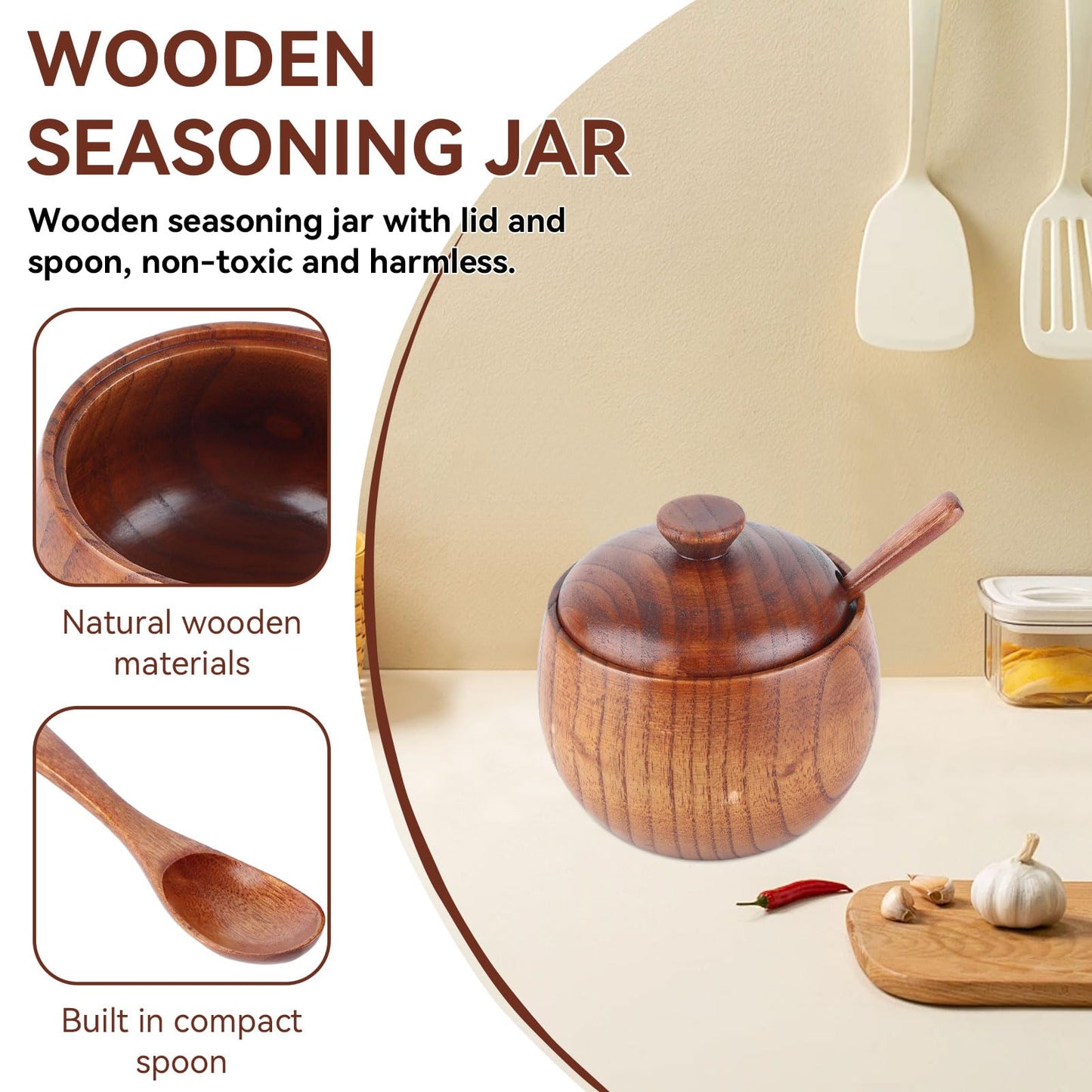Gsycle Wooden Salt Box with Lid & Spoon, Seasoning Pot Sugar Bowl Wood Salt & Spice Jar Box Salt Keeper, Pepper, Tea Container for Kitchen Countertop Restaurant