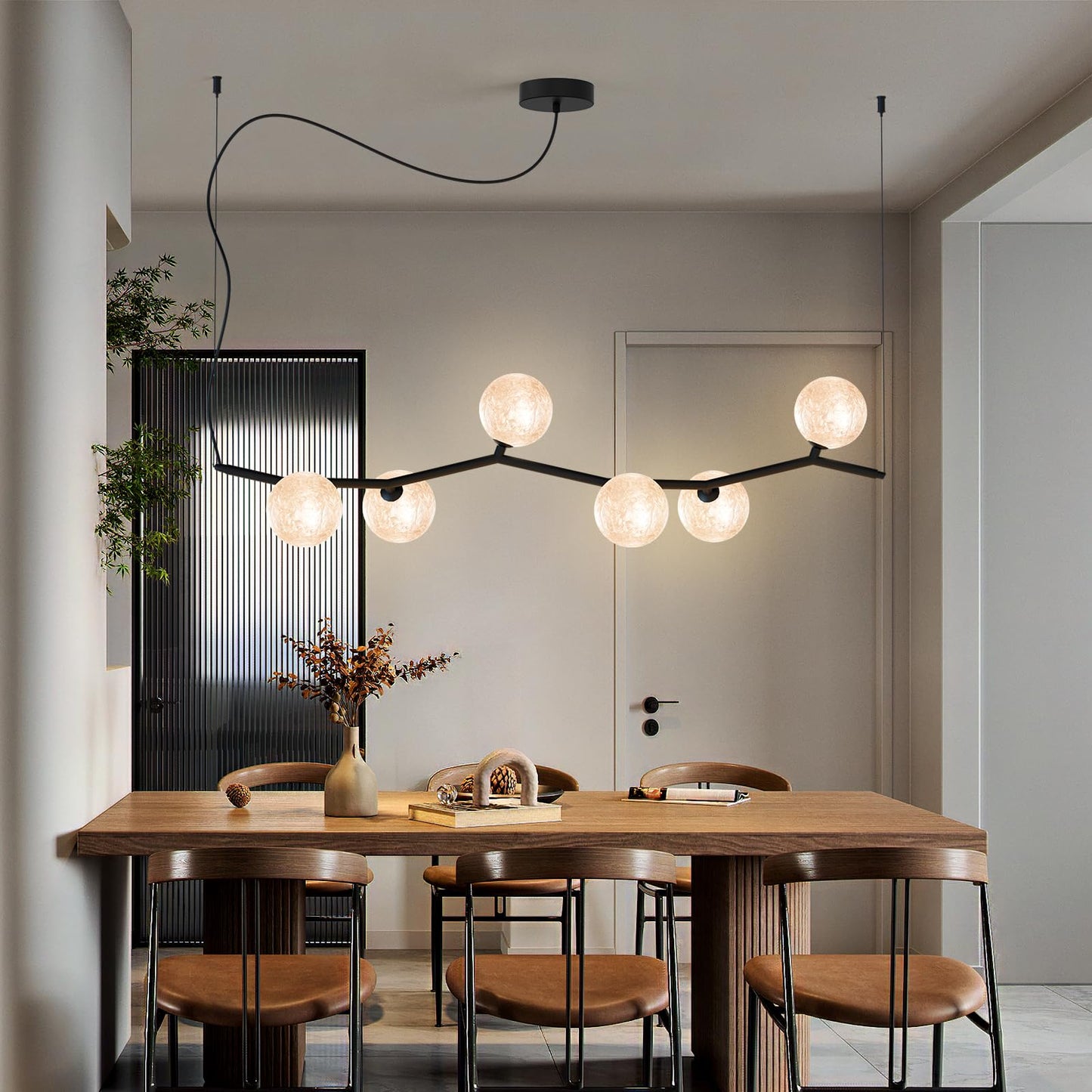 ziidoo Modern Branch Glass Chandelier，6-Lights Pendant Light Ice Crystal Pattern Lampshade Ceiling Artistic Tree Shape Hanging Light Fixtures Over Table for Dining Island Living Room Bar Kitchen