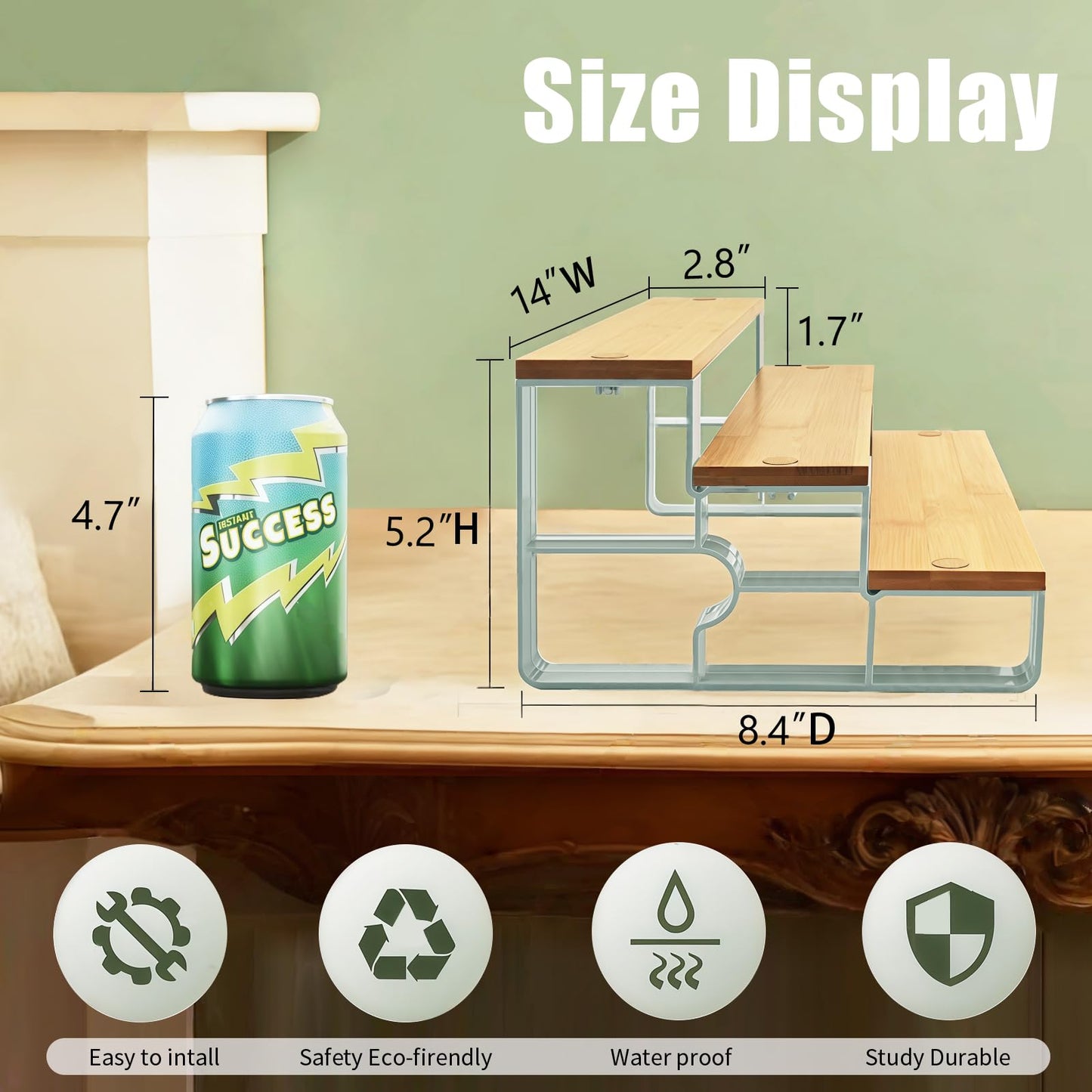 mengbu 3-Tier Bamboo Condiment and Spice Rack Shelf for Kitchen Countertop & Storage Cabinet, Step Organizer Display Riser Shelf for Women, Space-Saving, Easy Access, Easy to Assemble(14" Width)