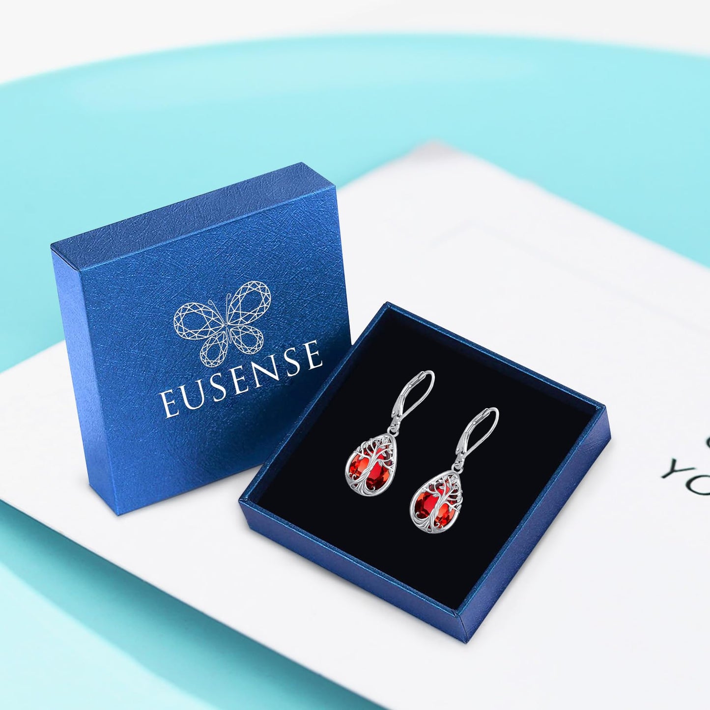 Eusense Tree of Life Earrings 925 Sterling Silver Garnet Birthstone Earrings Teardrop Dangle Leverback Earring for Women January Birthstone Jewelry