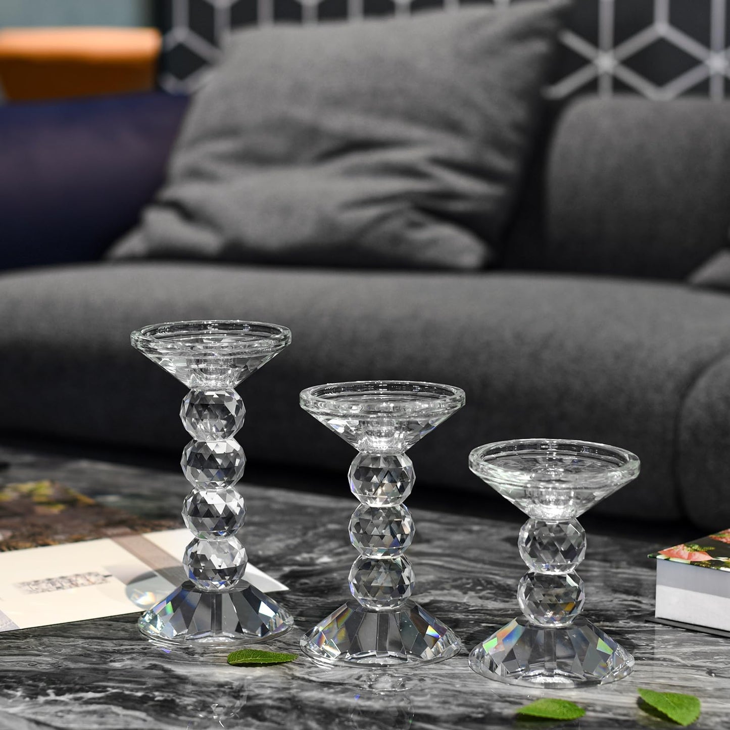 Kitcom Crystal Candlestick Holders Crystal Pillar/Taper Candle Holders, Tabletop Centerpieces for Party Wedding Banquet Decorations Set of 3, Comes with Gift Box(7.5''/6.3''/4.9'' Tall)