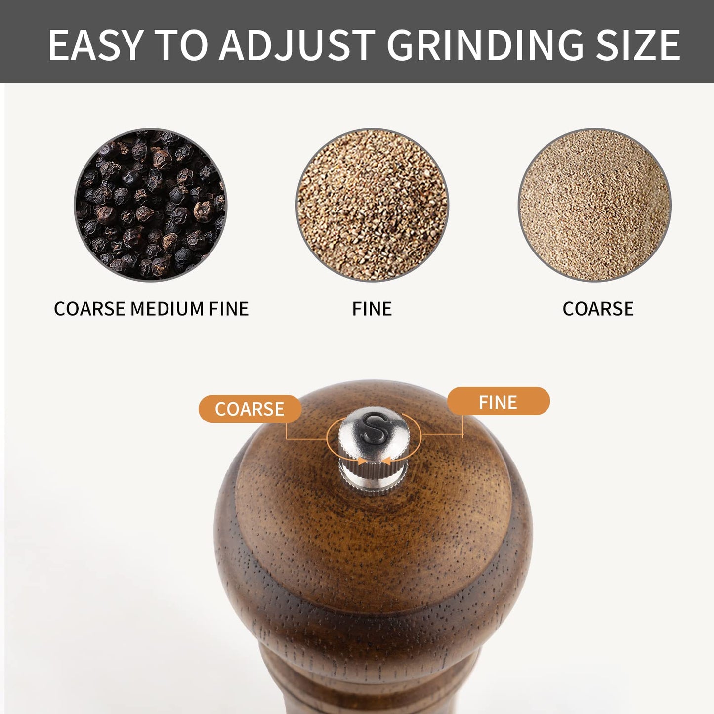 Salt and Pepper Grinders Set, Haomacro 10Inch Updated Manual Wooden Pepper Shaker Set,Oak Wood Salt Mill Pepper Grinder Set Refillable with Adjustable Ceramic Rotor 2Pack