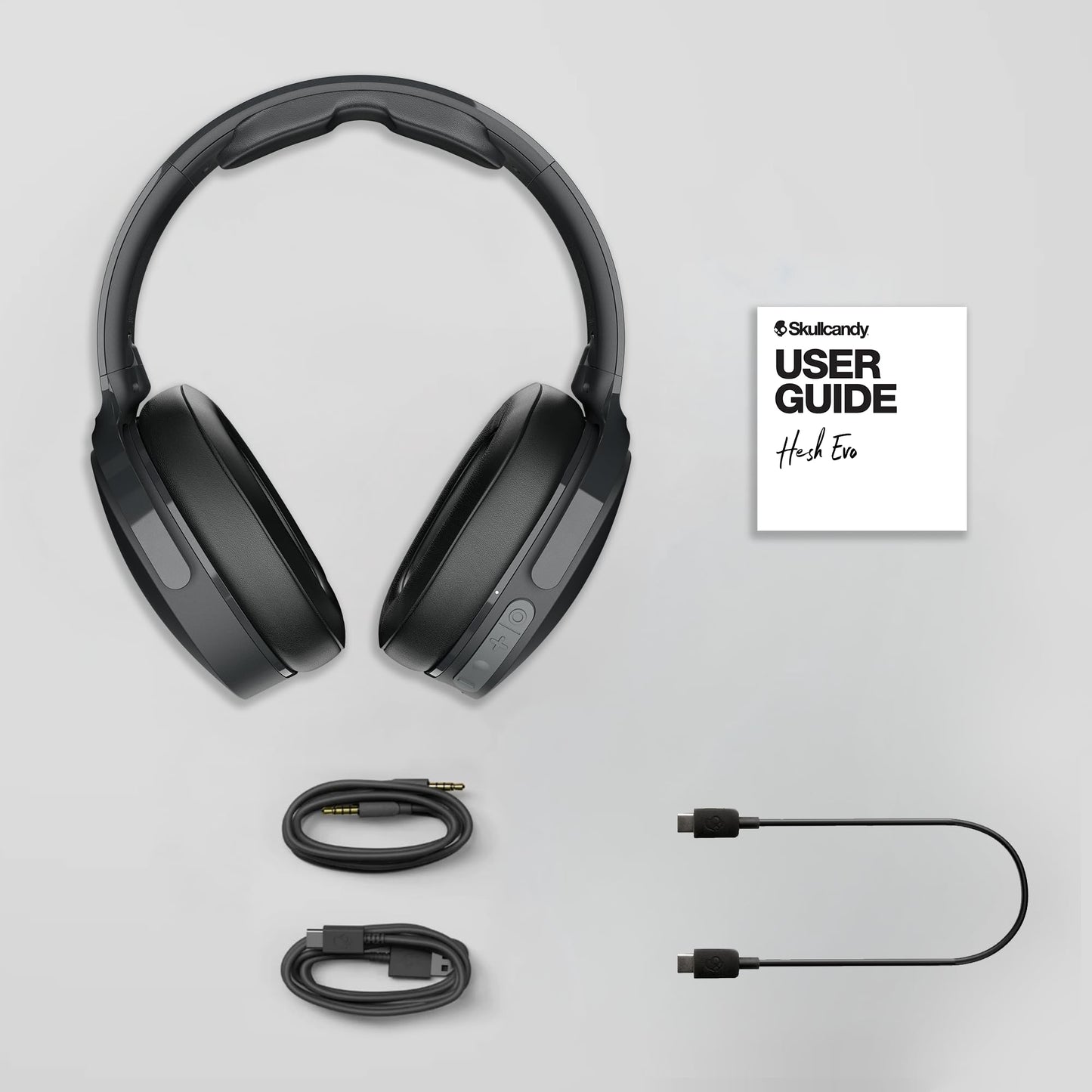 Skullcandy Hesh Evo Wireless Over-Ear Bluetooth Headphones with Extra USB-C Charging Cable, Noise Isolating, 36 Hours Battery, Foldable Lightweight Design, Microphone for iPhone Android - True Black