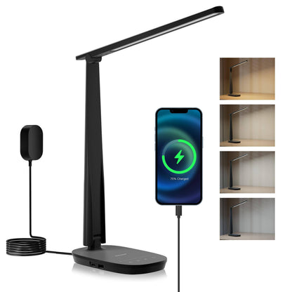 Honeywell LED Desk Lamp Eye Caring - Sunturalux H2 Table Lamp with USB Charging Port, 4 Colour Modes Stepless Dimmable, Auto Timer,Touch Control Foldable Desk Light for Home Office Bedroom Black