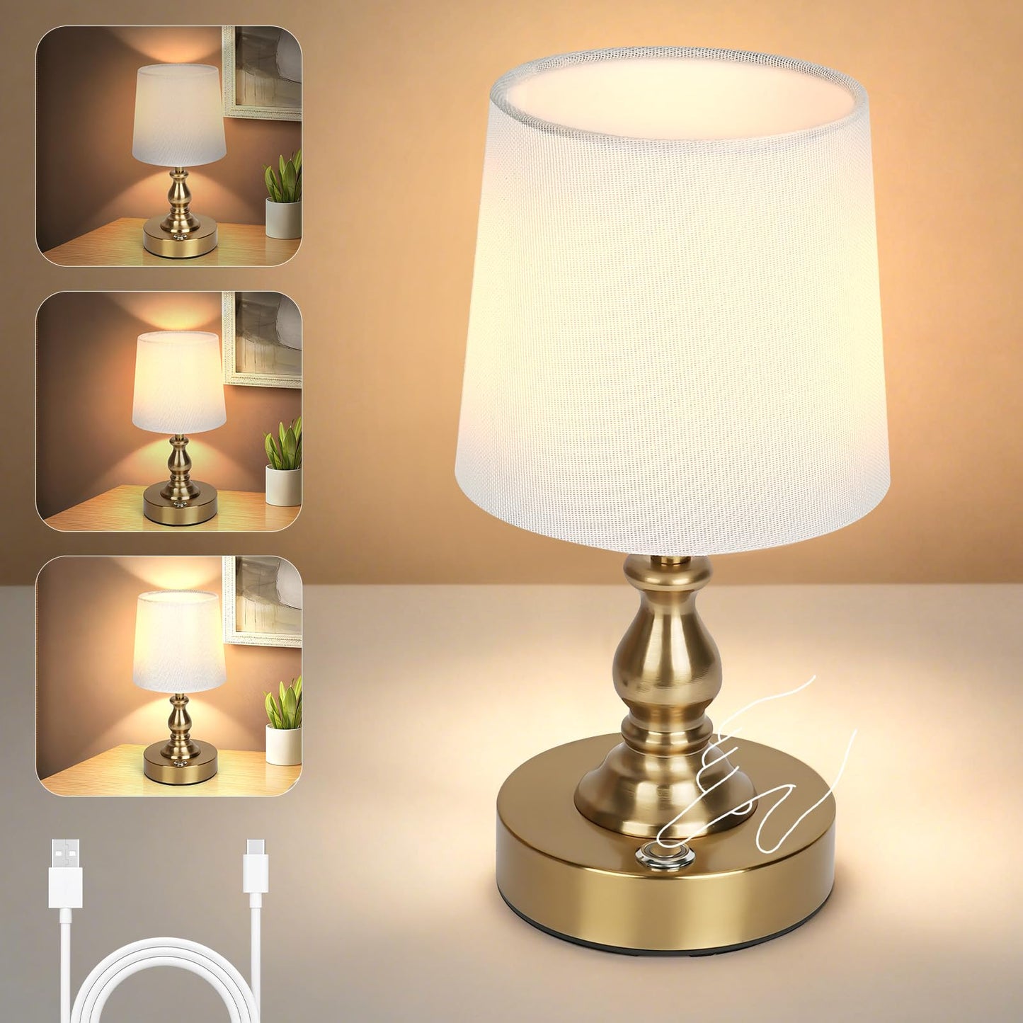 AUAUY Table Lamp for Bedroom, 5200mAh Battery Powered Touch Bedside Lamps, Rechargeable Desk Lamp Cordless, 3 Way Dimmable, Nightstand Lamps with Fabric Shade for Home Living Room Office Study, Gold