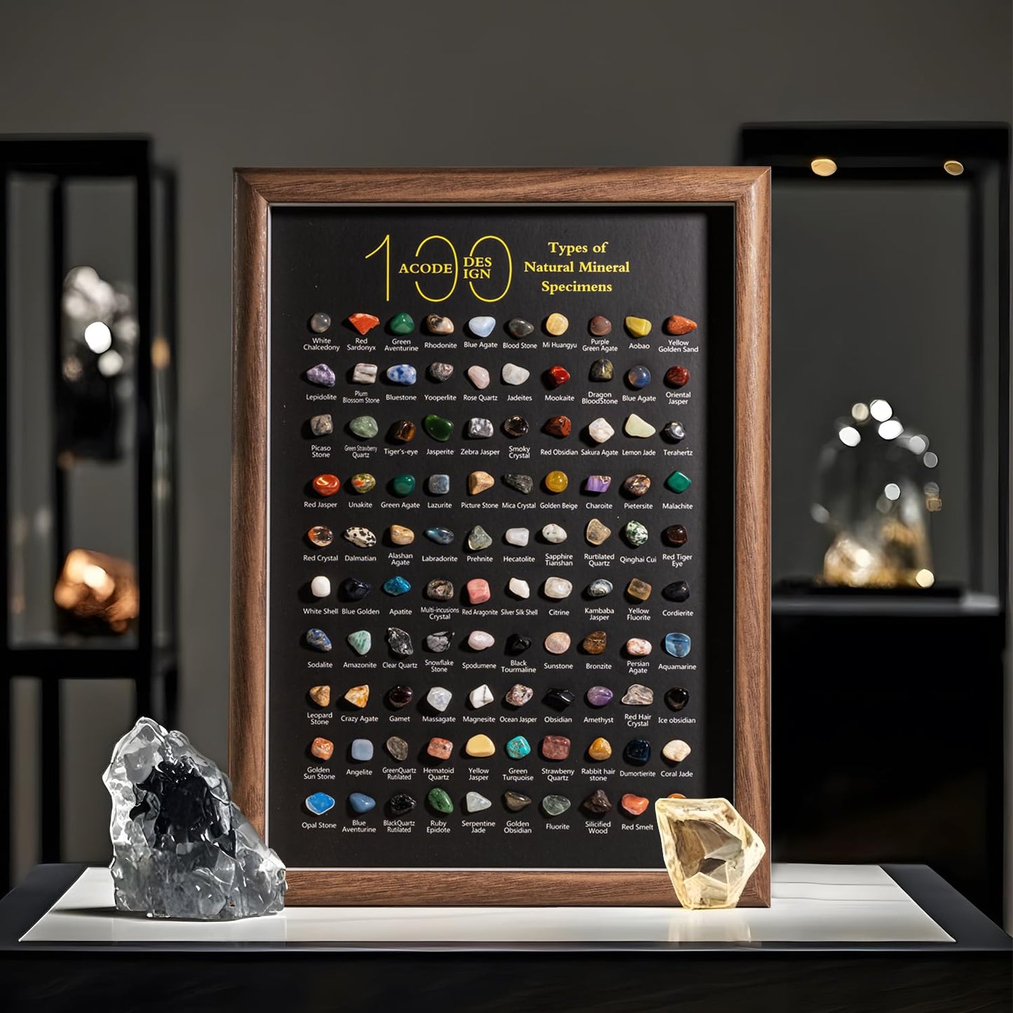 ACODE Natural Mineral Specimen Shadow Box, Geology Collection Display Case, Home Decor Wall Art Tabletop Display with Real Rocks Crystals, Gift for Birthday Christmas Housewarming Children's Day