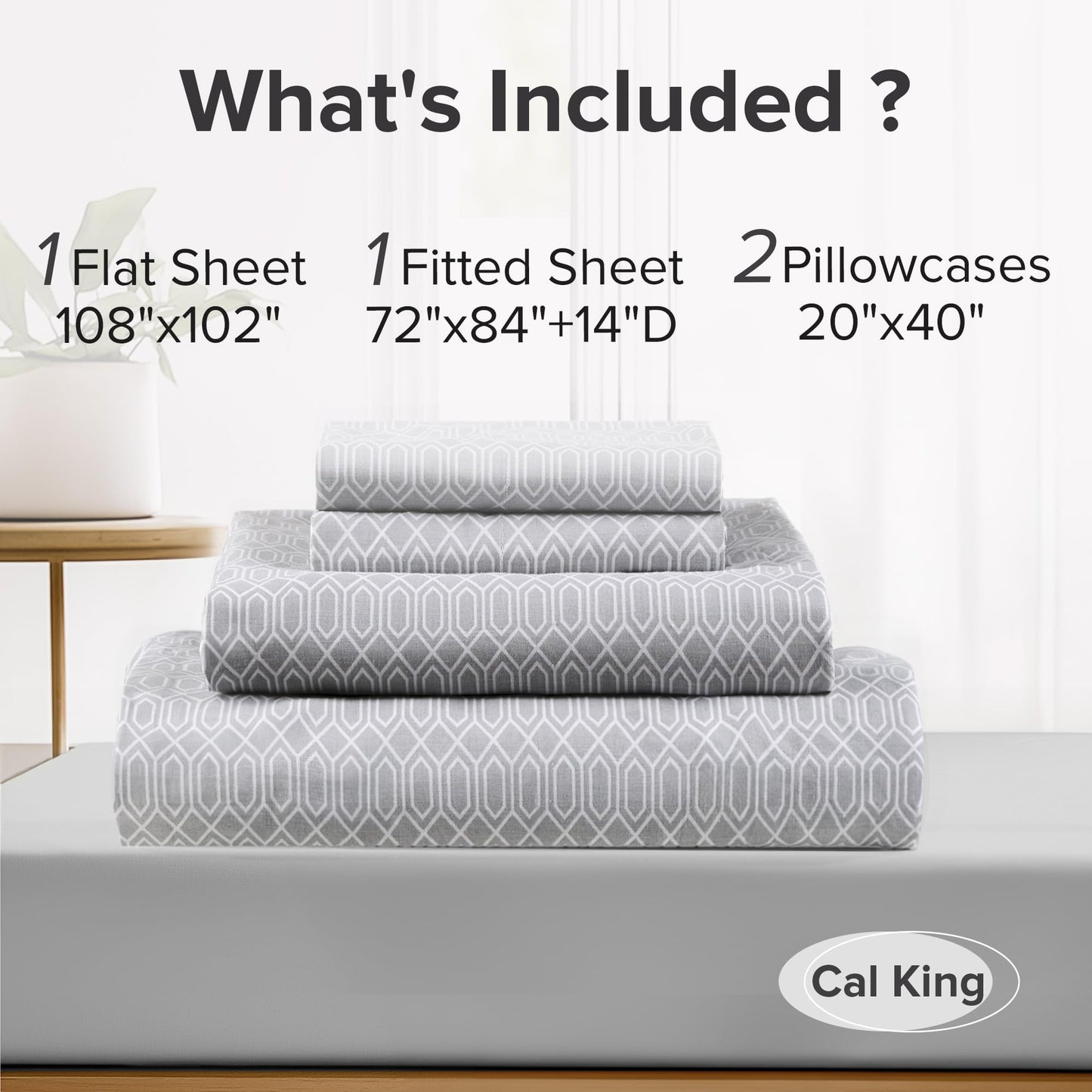 Comfort Spaces 100% Cotton Sheet Set Breathable, Lightweight, Soft with 14" Elastic Pocket Fits up to 16" Mattress, All Season Cozy Bedding, Matching Pillow Case, Cal King Diamond Taupe 4 Piece