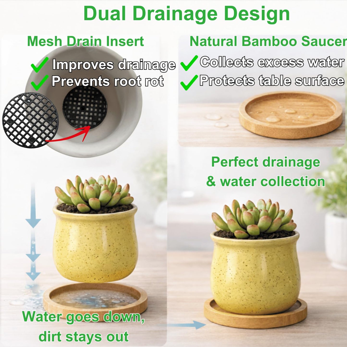 Thorkok 3 Inch Small Succulent Pots 6-Pack Cute Mini Ceramic Pots with Bamboo Tray Cactus Planters for Home and Office Decor Gift for Women, Mom, Plant Lover (Plants Not Included)