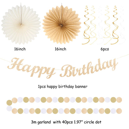 Champagne-Gold Beige Fall Boho Birthday Party-Decorations - 21pcs Autumn Neutral Retro Happy Banner,Girl One Sweet Peach Paper Streamers Lanterns,Tissue Pom Poms Fan,Rustic Backdrop Decor Huglony