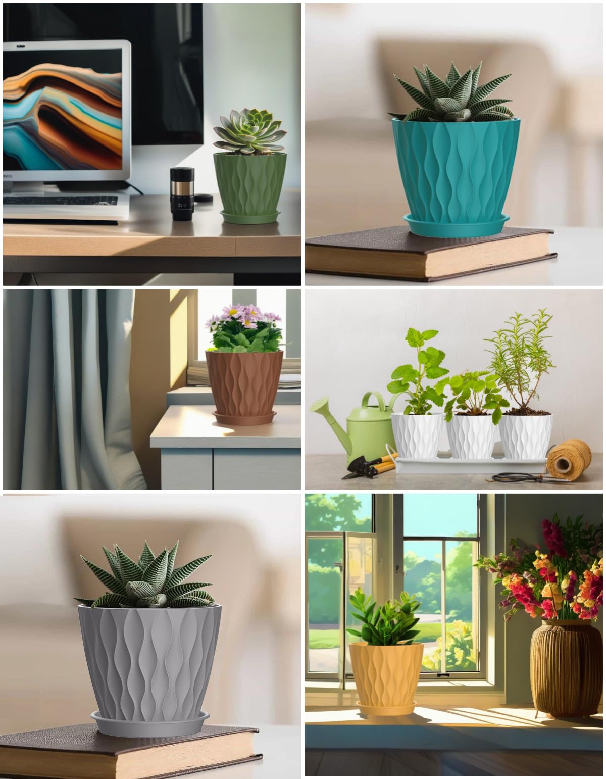 SQKH 6 Inch Plant Pots, 6 Pack Indoor Flower Pots, Planters with Drainage Holes and Trays for Orchids, Violets, Succulents, Herbs, and Other Plants,Corolful