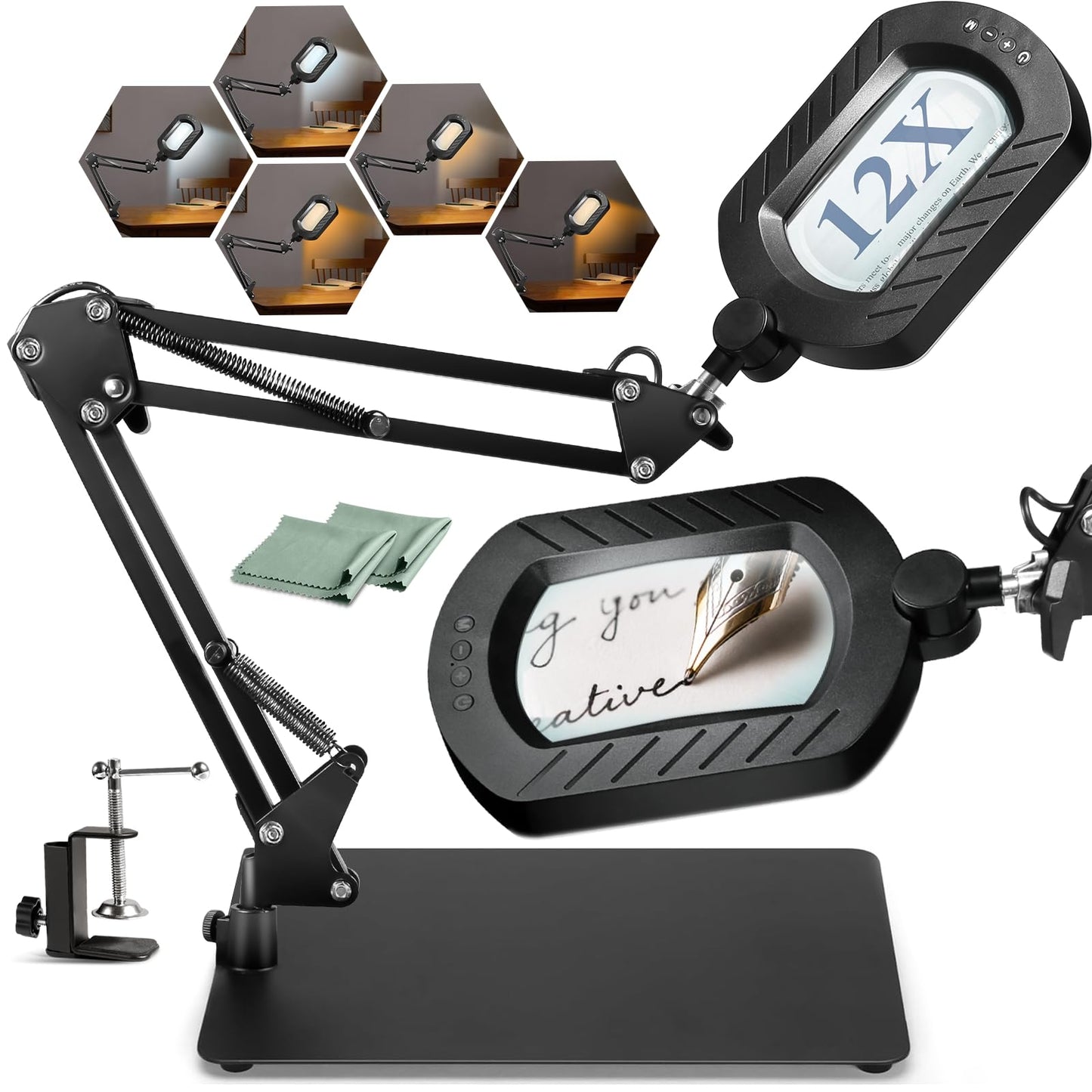 12X Square Magnifying Glass with Light and Stand with 144 LEDs Brightness, 5 Color Modes Hands Free Lighted Magnifying Glass, 10 Dimmable Brightness Magnifying Desk Lamp for Close Work Craft Reading