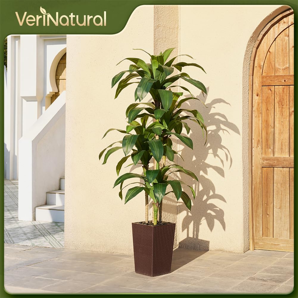 VeriNatural Artificial Dracaena Tree 6FT - Fake Tree with Brown Taper Planter & Pebbles - UV Resistant Faux Yucca Tropical Plant - Artificial Trees for Home Office Living Room Decor Indoor Outdoor