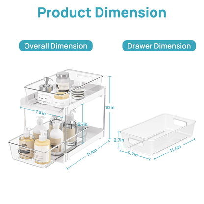 Vtopmart 4 Pack Bathroom Organizer, 2 Tier Clear Under Sink Organizers Vanity Countertop Storage Container,Cabinet Drawers Bins, Pull-Out Organization with Track for Pantry, Kitchen