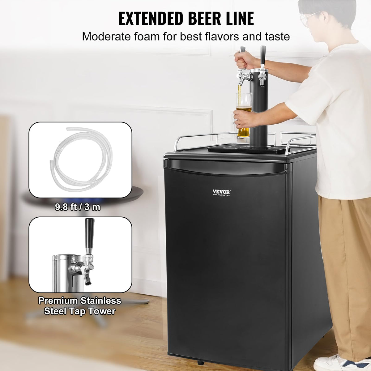 VEVOR Beer Kegerator, Dual Tap Commercial Draft Beer Dispenser for D system, Full Size Keg Refrigerator with 5lbs CO2 Tank, Hold 2 Sixth / 2 Ball lock keg, Black