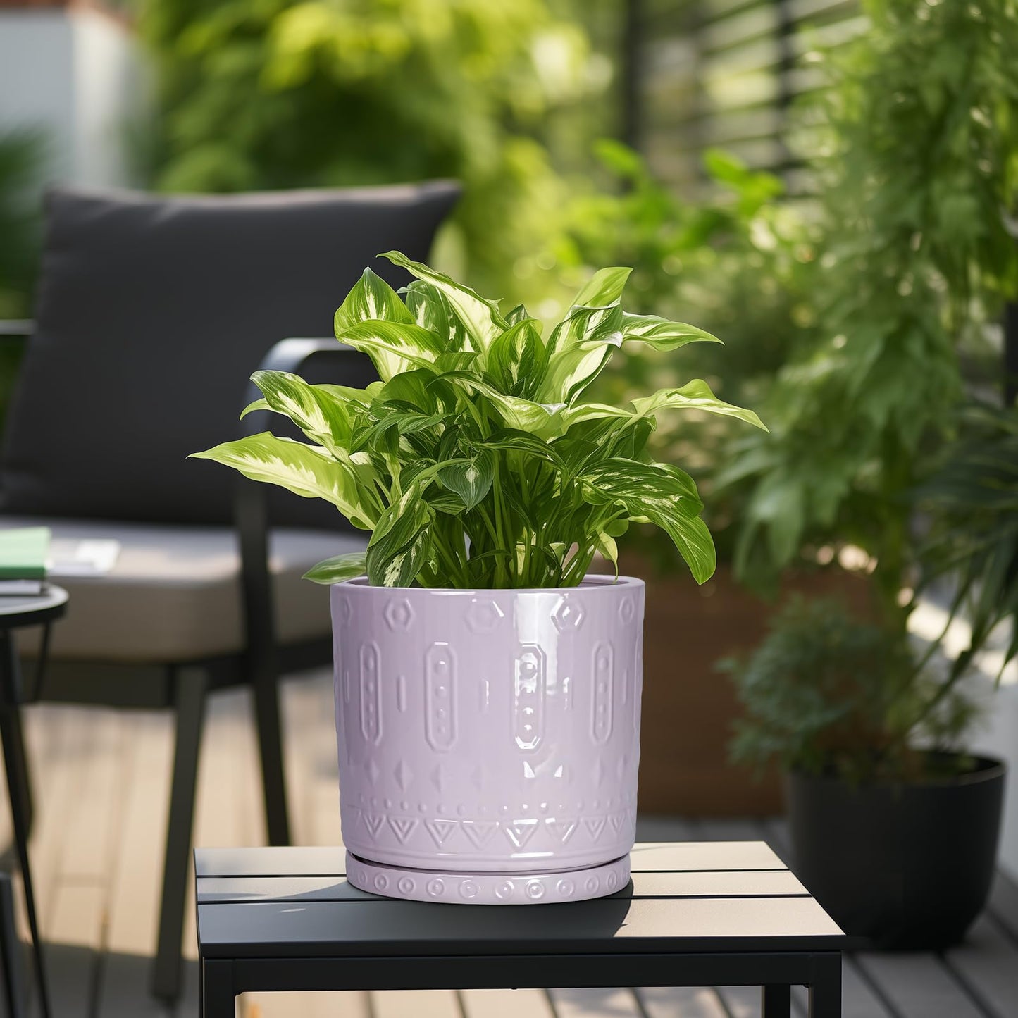 Eightpot 10 Inch Planter, Ceramic Plant Pots for Indoor Outdoor, Round Pot for Plants with Drainage Hole and Sacuer, Boho Plant Pot, Decorative Flower Pots, Living Room Decor, Purple