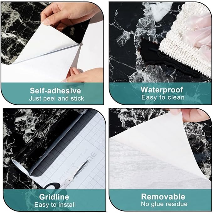 Arthome Black Marble Contact Paper, Peel and Stick Black Paper, Self Adhesive
