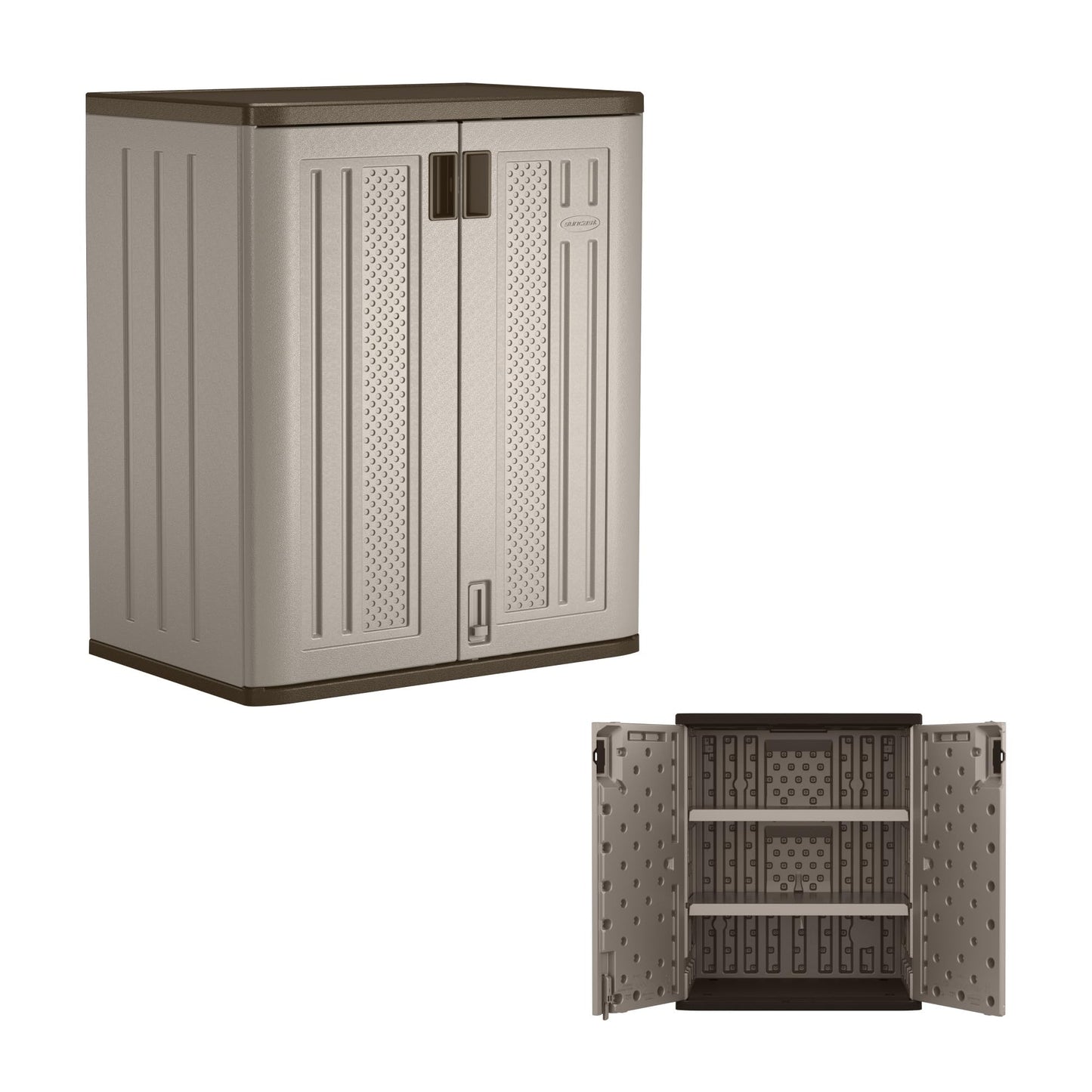 Suncast Base Storage Cabinet for Garage Organization - 9 Cu. Ft. Lockable 2-Shelf Organizer for Garden Supplies, Paint Cans & Outdoor Tools, Multi-Wall Resin Construction, Platinum