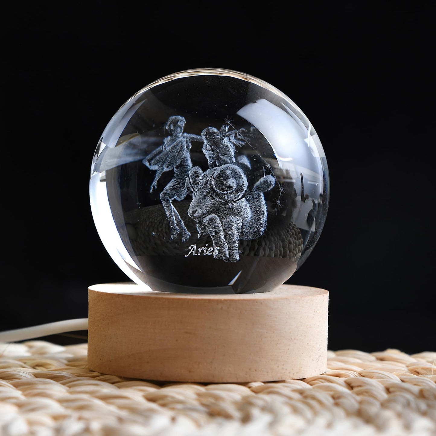 QIANCHANG 3D Laser Etched Aries Crystal Ball with LED Light Stand, Constellation Decor Glass Sphere Lamp, Zodiac Astrology Birthday Gifts for Women Kids