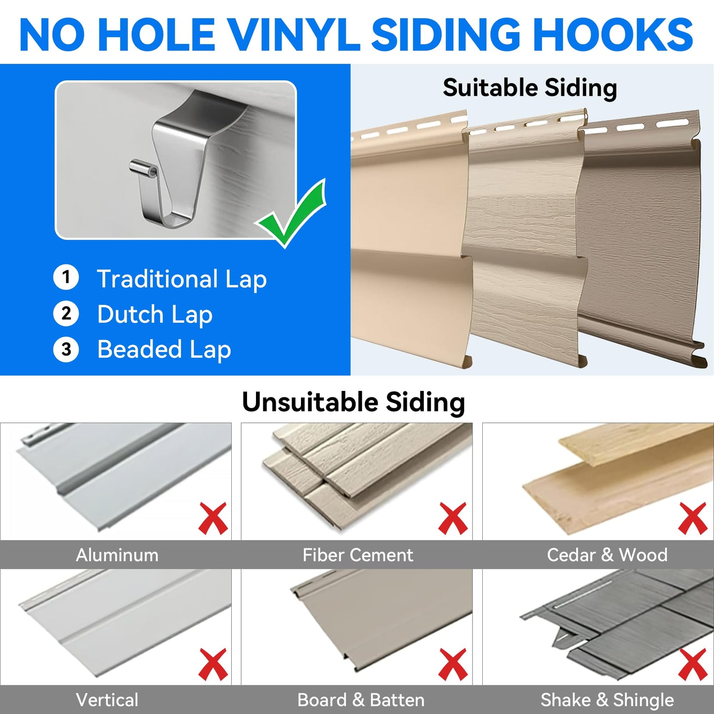 MIUKAA No Hole Vinyl Siding Hooks (12-Pack), Sturdy Hooks for Hanging Outdoor Decor, House Hanger for String Lights & Wreath