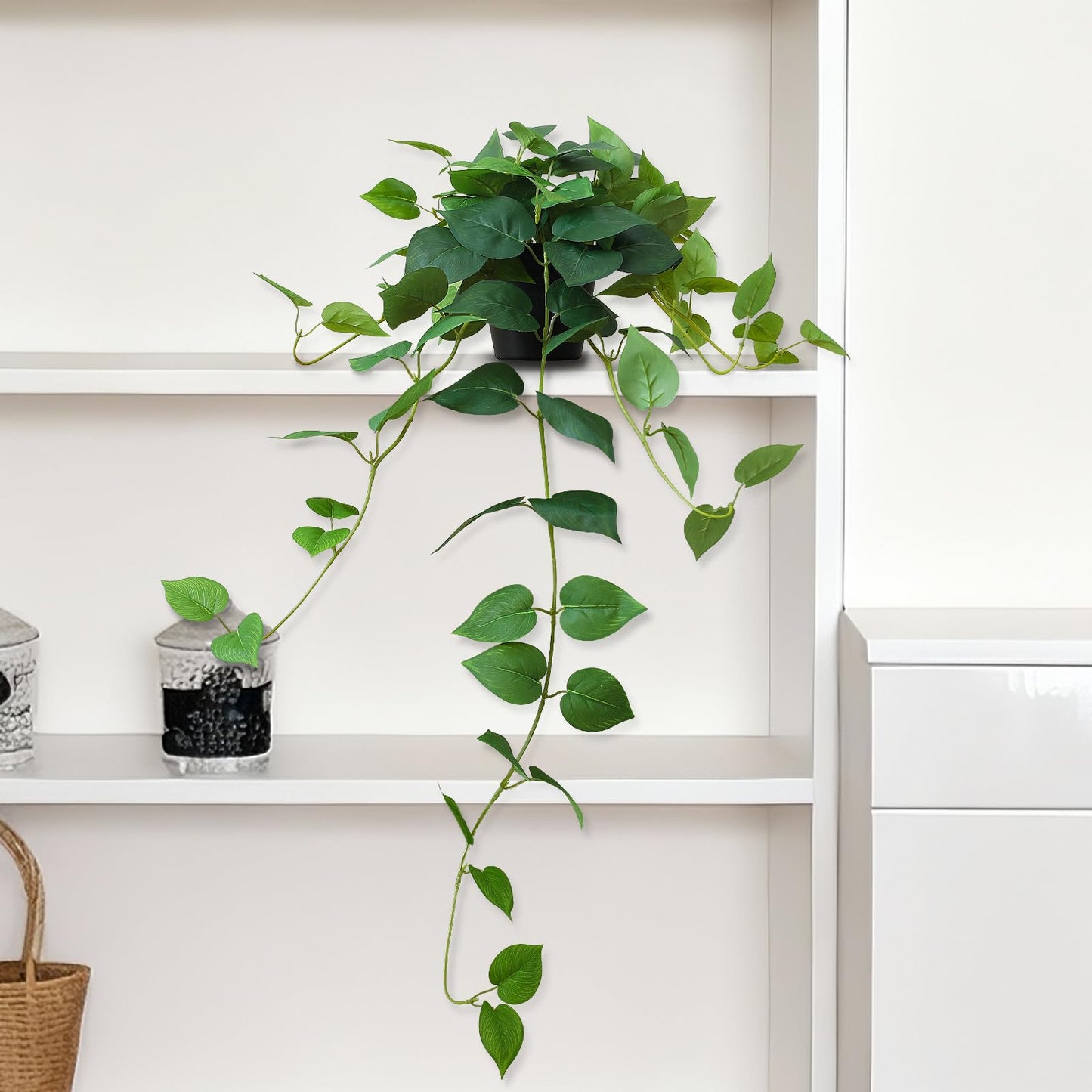 HIFORESTAR Fake Pothos Hanging Plants, 33" Potted Artificial Hanging Plant, Faux Pothos Silk Vines Hanging Plant Greenery for Home Living Room Indoor Decor
