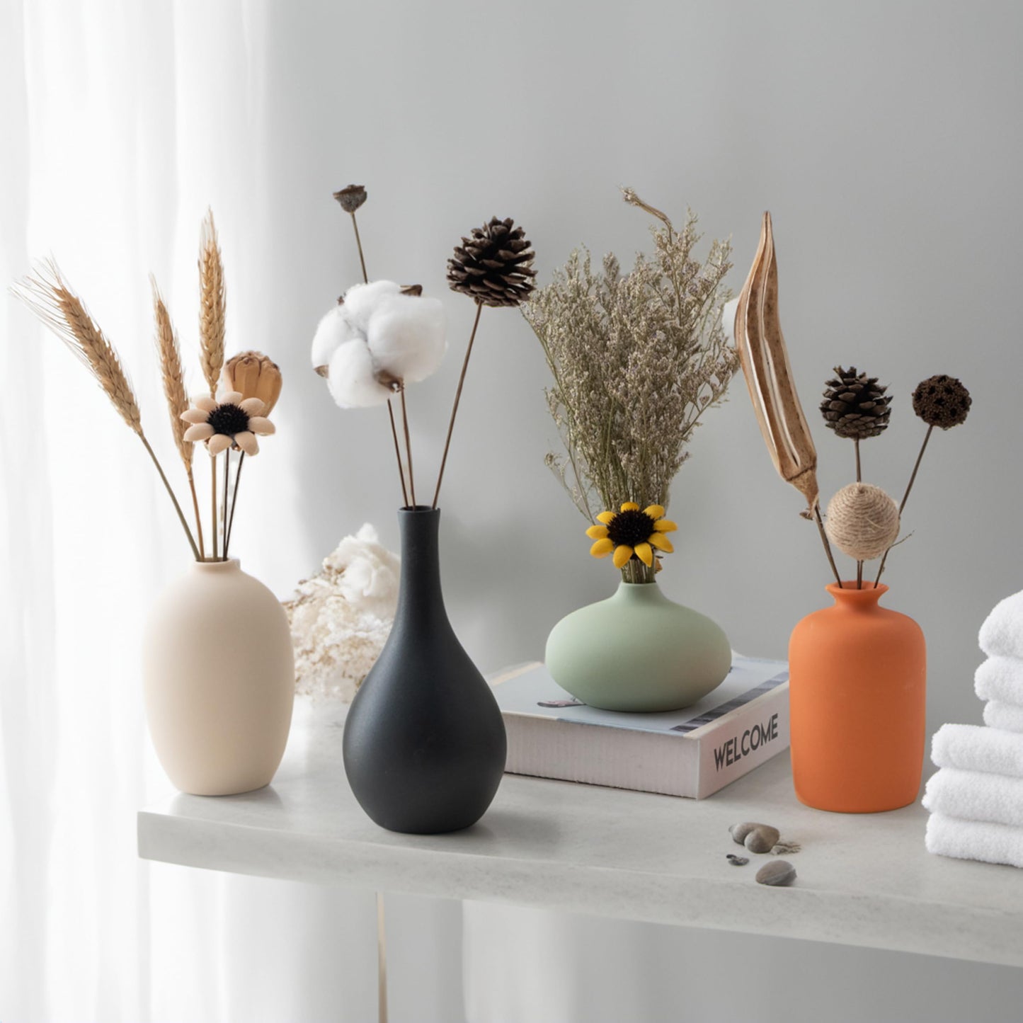 YAOBAOX Ceramic Vase Set of 4 with Dried Flowers Round Matte