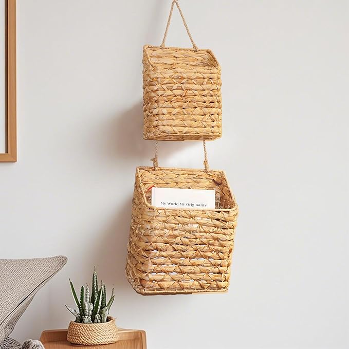 2-Tier Wall Hanging Wicker Water Hyacinth storage baskets Set, Woven Rustic