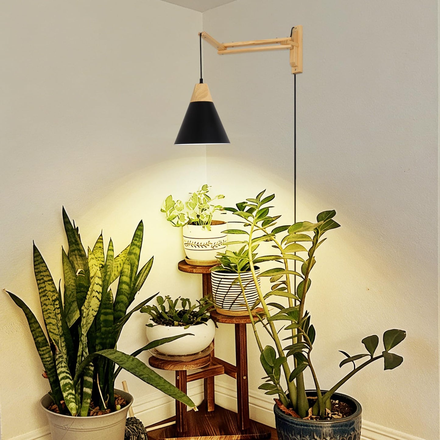 HMVPL Hanging Grow Lights for Indoor Plants Full Spectrum, Plant Light for Indoor Growing with 20W COB Grow Light Bulb, Wall Mounted Grow Light with Swing Arm, 4/8/12H Timer for Large Small Plant